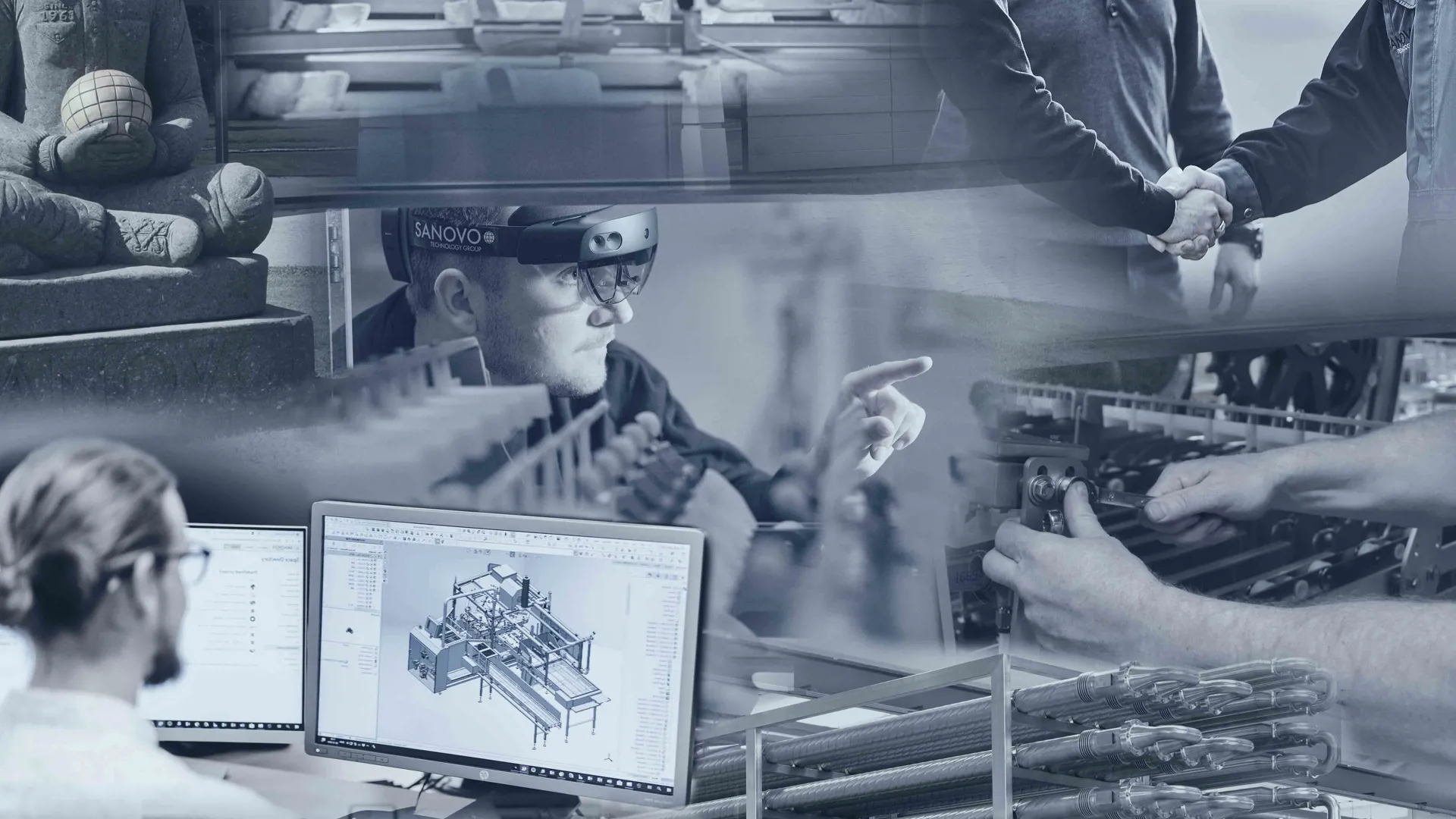 A collage of pictures showing SANOVO machines and employees