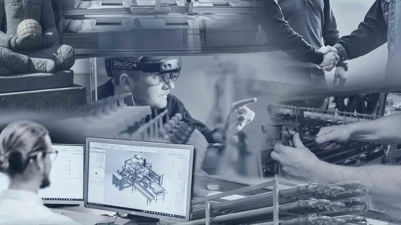 A collage of pictures showing SANOVO machines and employees