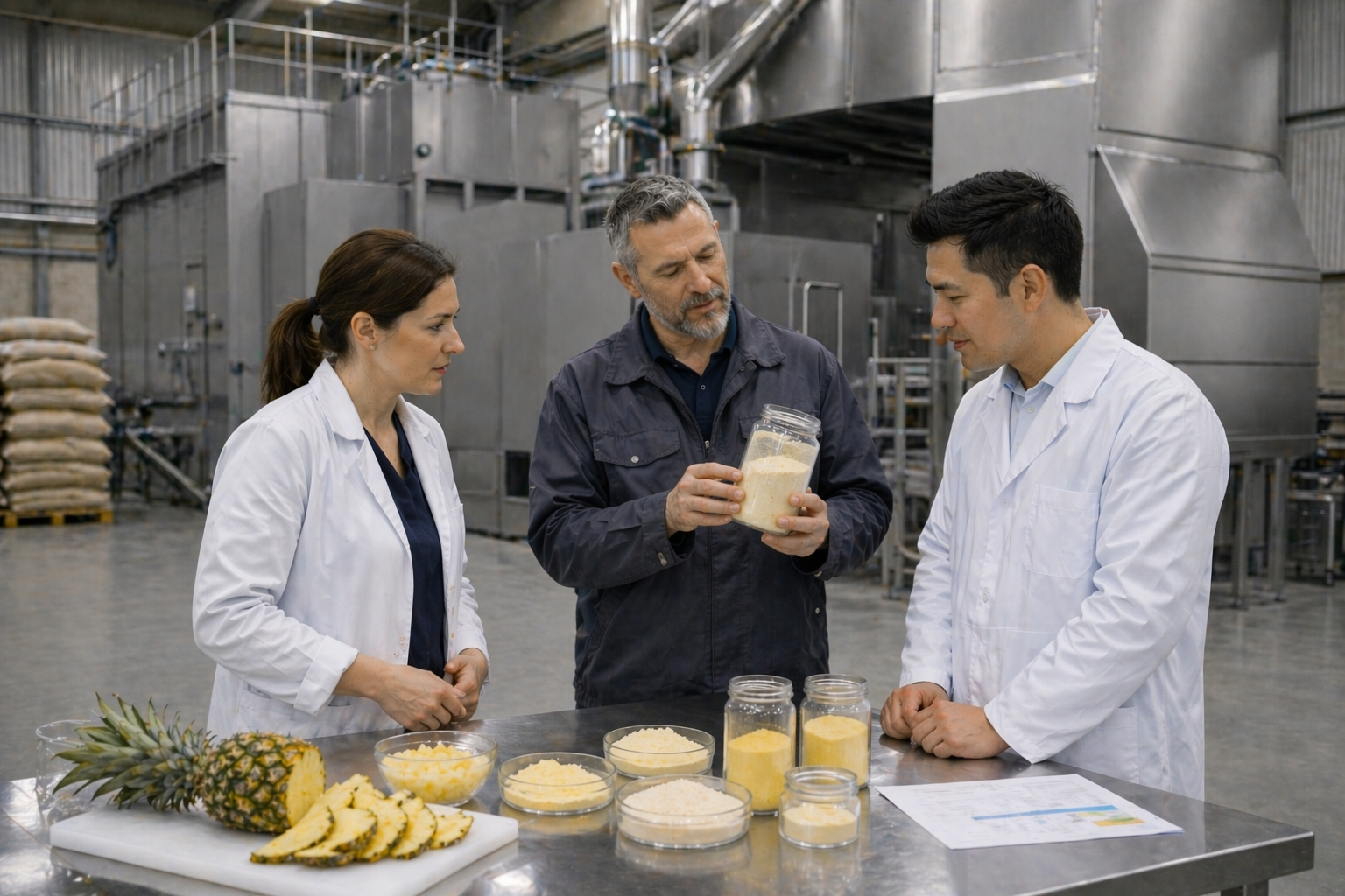 Specialists evaluating pineapple fruit powder production in a spray drying facility.