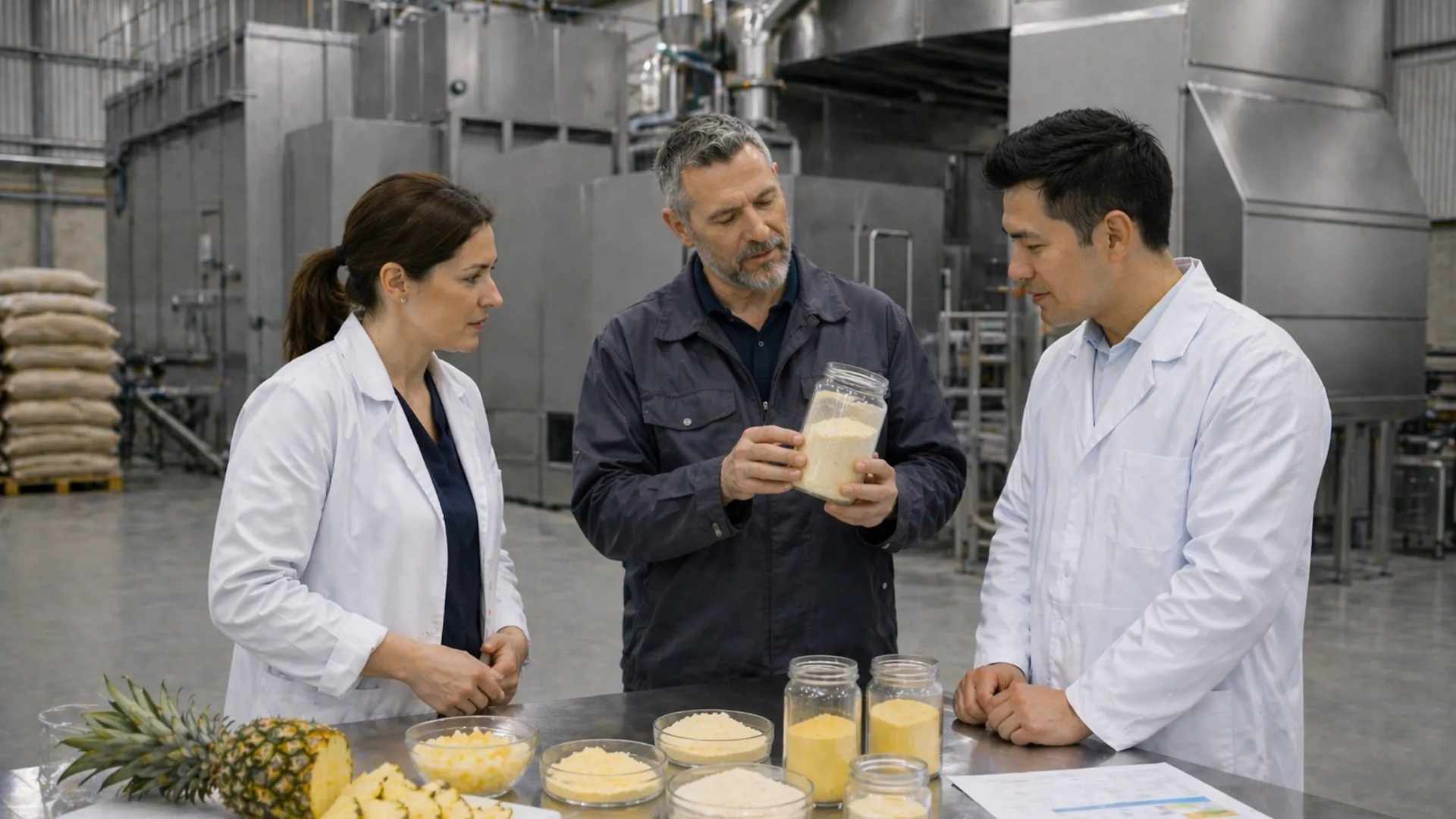 Specialists evaluating pineapple fruit powder production in a spray drying facility.
