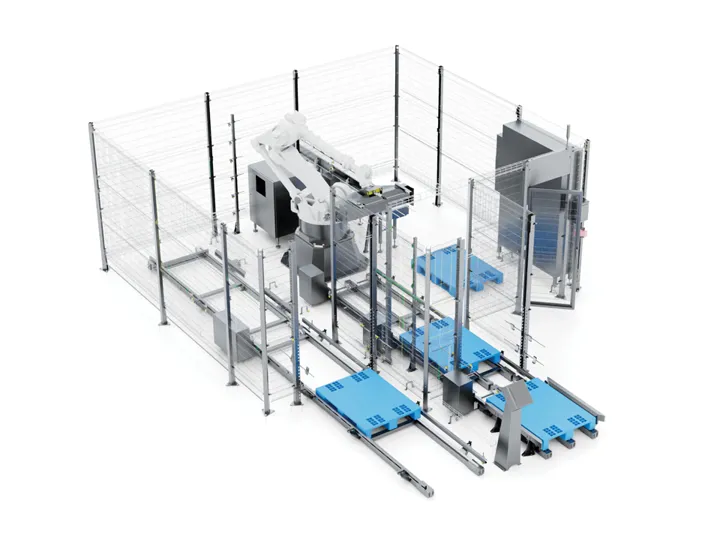 SANOVO De-Palletizer 600 unloading stacked egg trays from pallets with a high-capacity robotic system for automated loader integration.