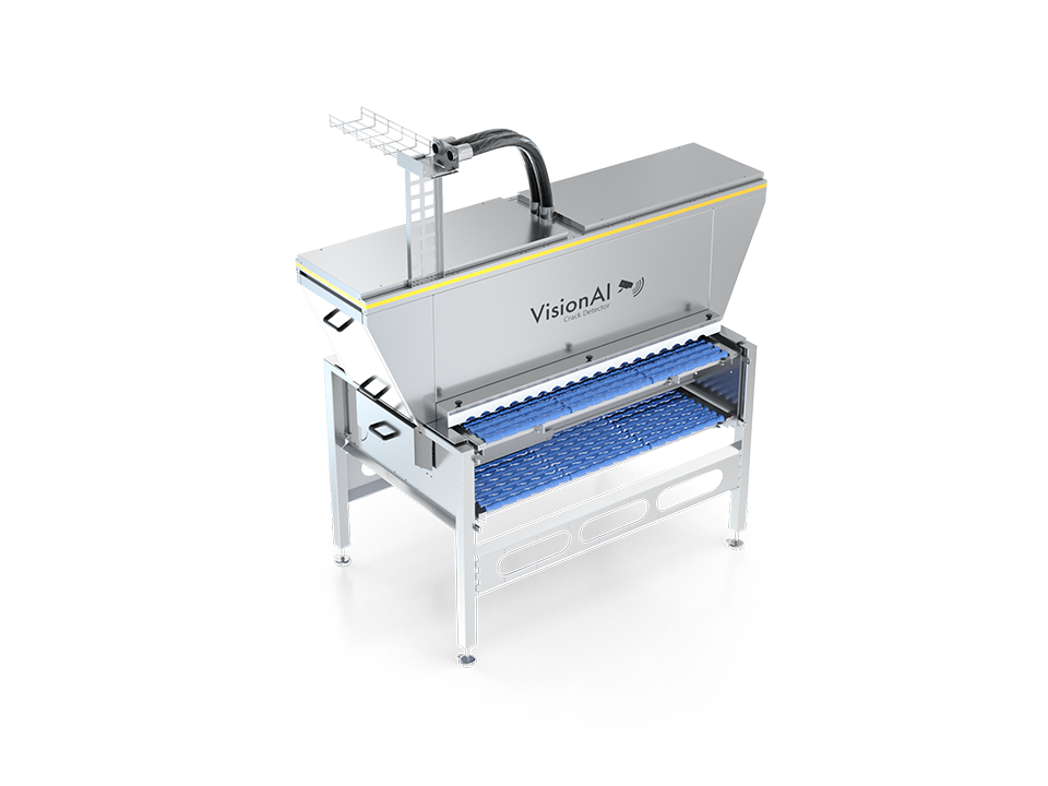 VisionAI Detector, a contactless, highly accurate vision weighing, crack & leak detection module using vision technology for egg grading.