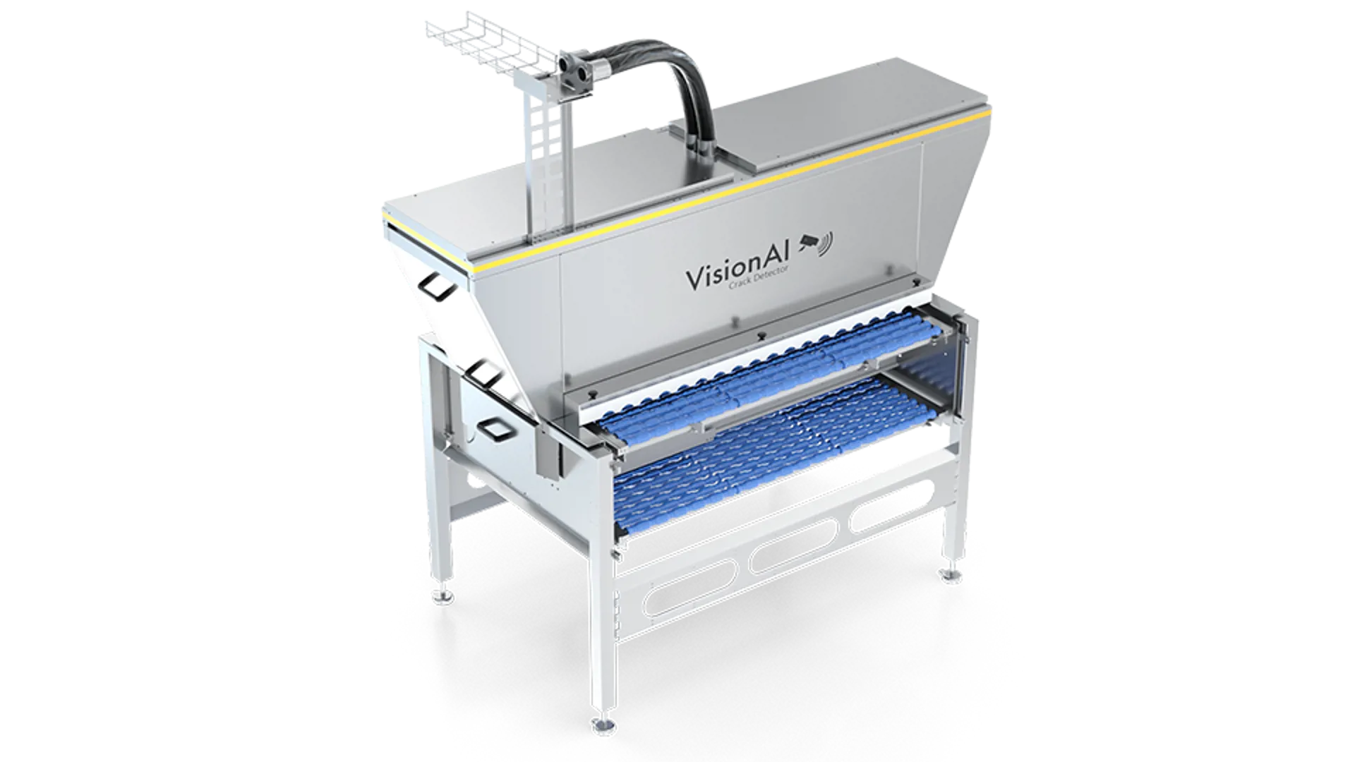 VisionAI Detector, a contactless, highly accurate vision weighing, crack & leak detection module using vision technology for egg grading.
