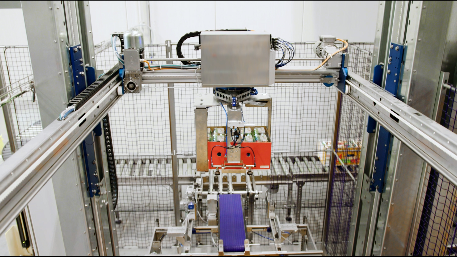 SANOVO Case Palletizer 300 robotic arm lifting carton during automated palletizing in egg production facility.