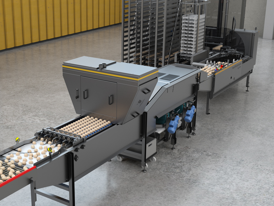 HatchPerformance Egg Analyzer with AI vision inspecting fertilized eggs on conveyor.