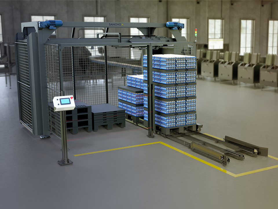 SANOVO De-Palletizer solution for unloading stacked trays of packed eggs in an egg processing facility.