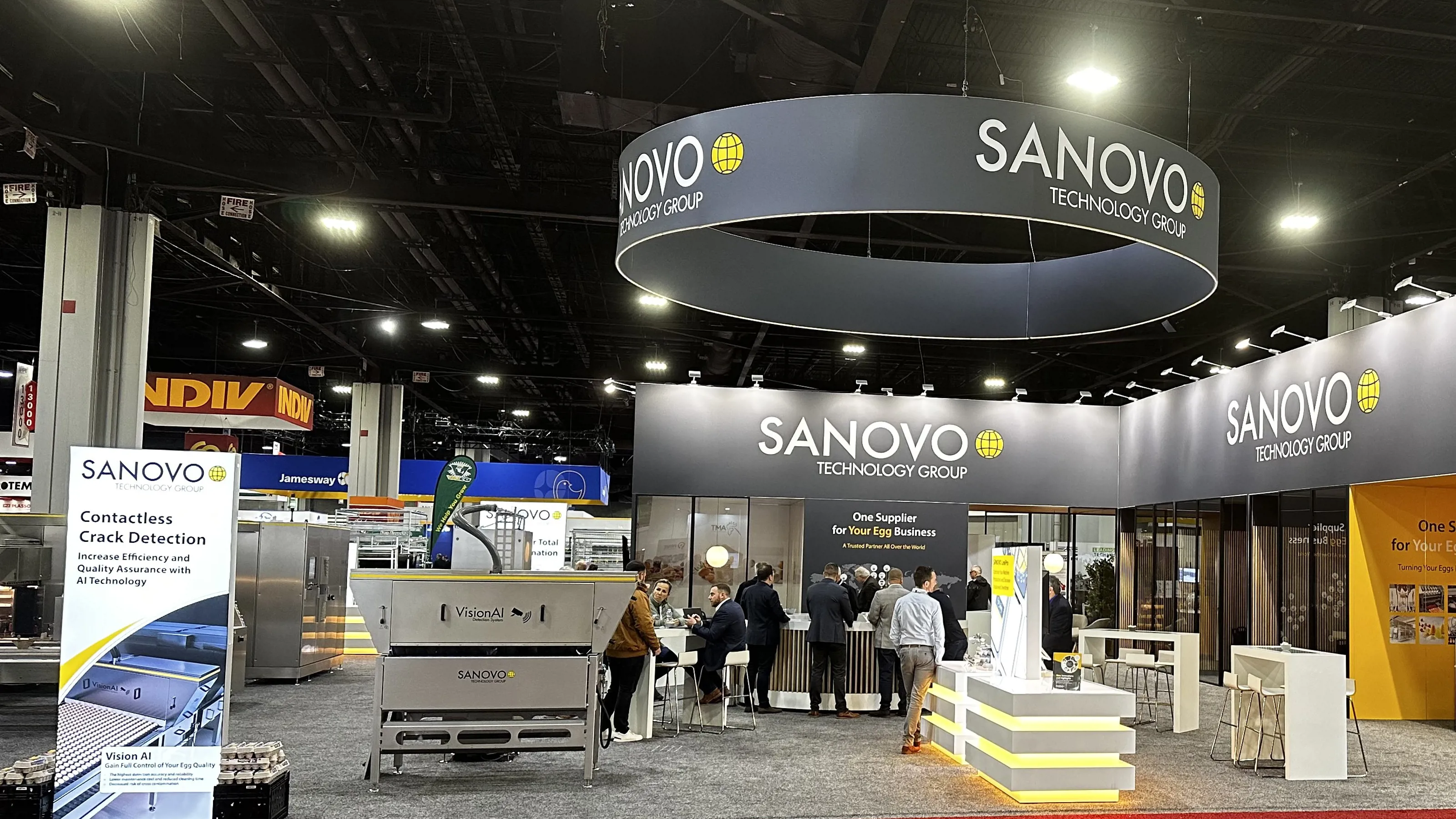 SANOVO TECHNOLOGY GROUP exhibition stand showcasing egg and food processing solutions at an industry trade show.