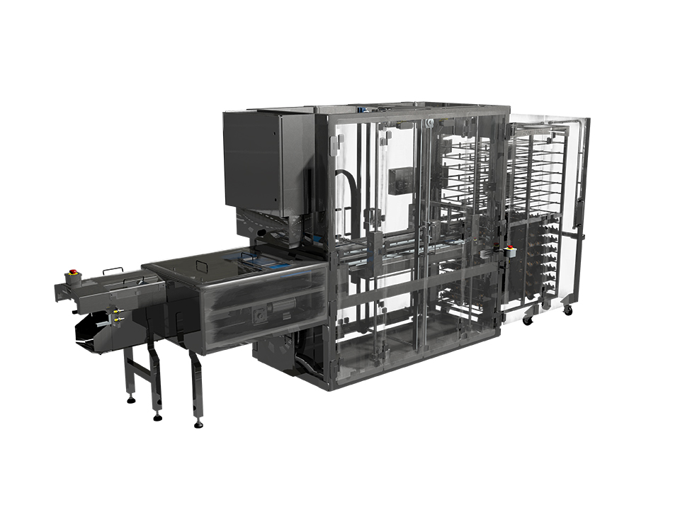 RAME-HART Automated Trolley Loader and Unloader with enclosed machine and conveyor for egg tray handling.