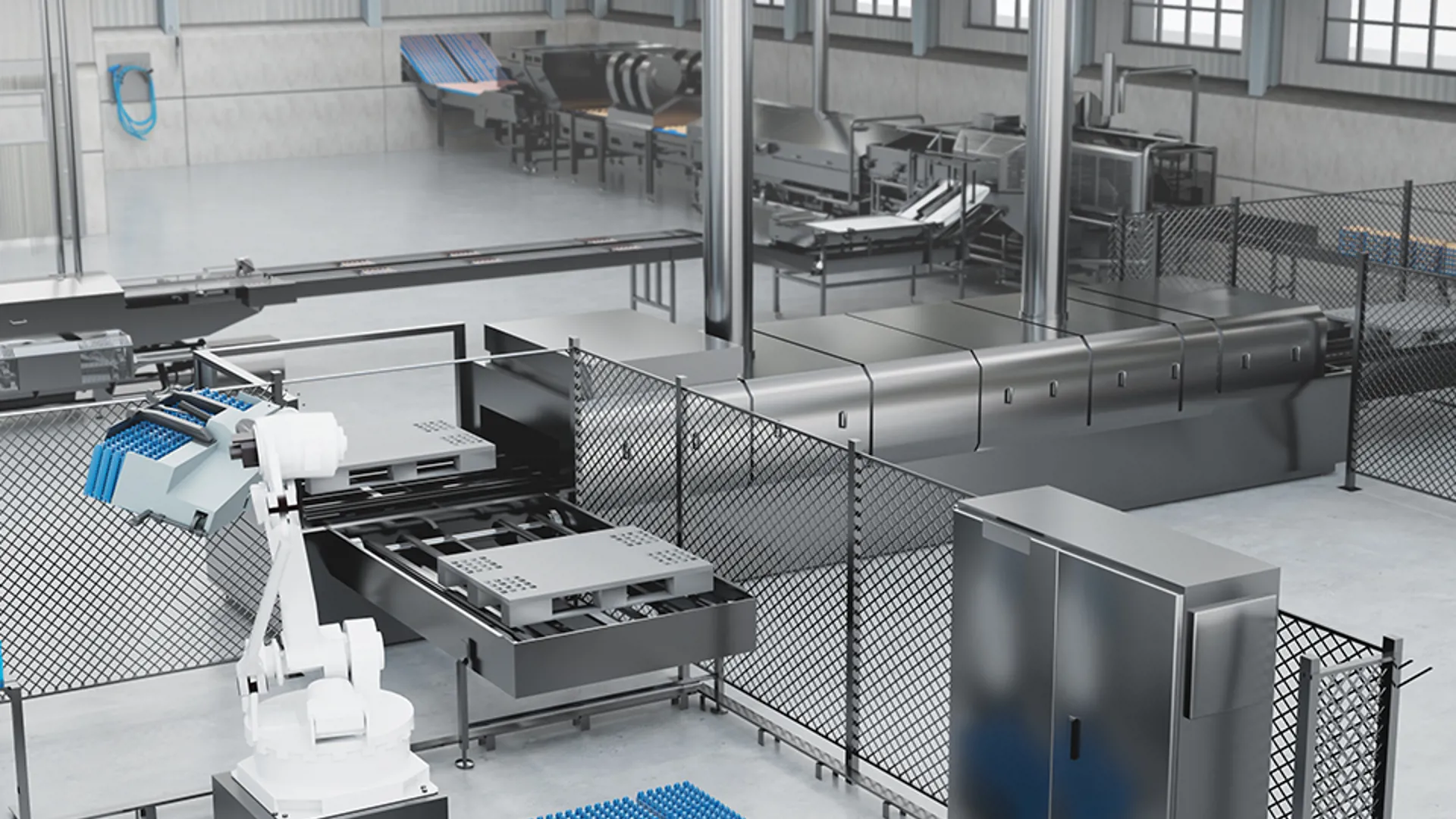 Automated tray and pallet washer for egg processing lines.