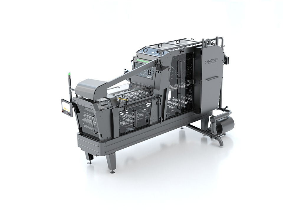 Side view of the SANOVO BreakerPro 6 egg breaker and egg cracking machine for small-sized egg processing plants.