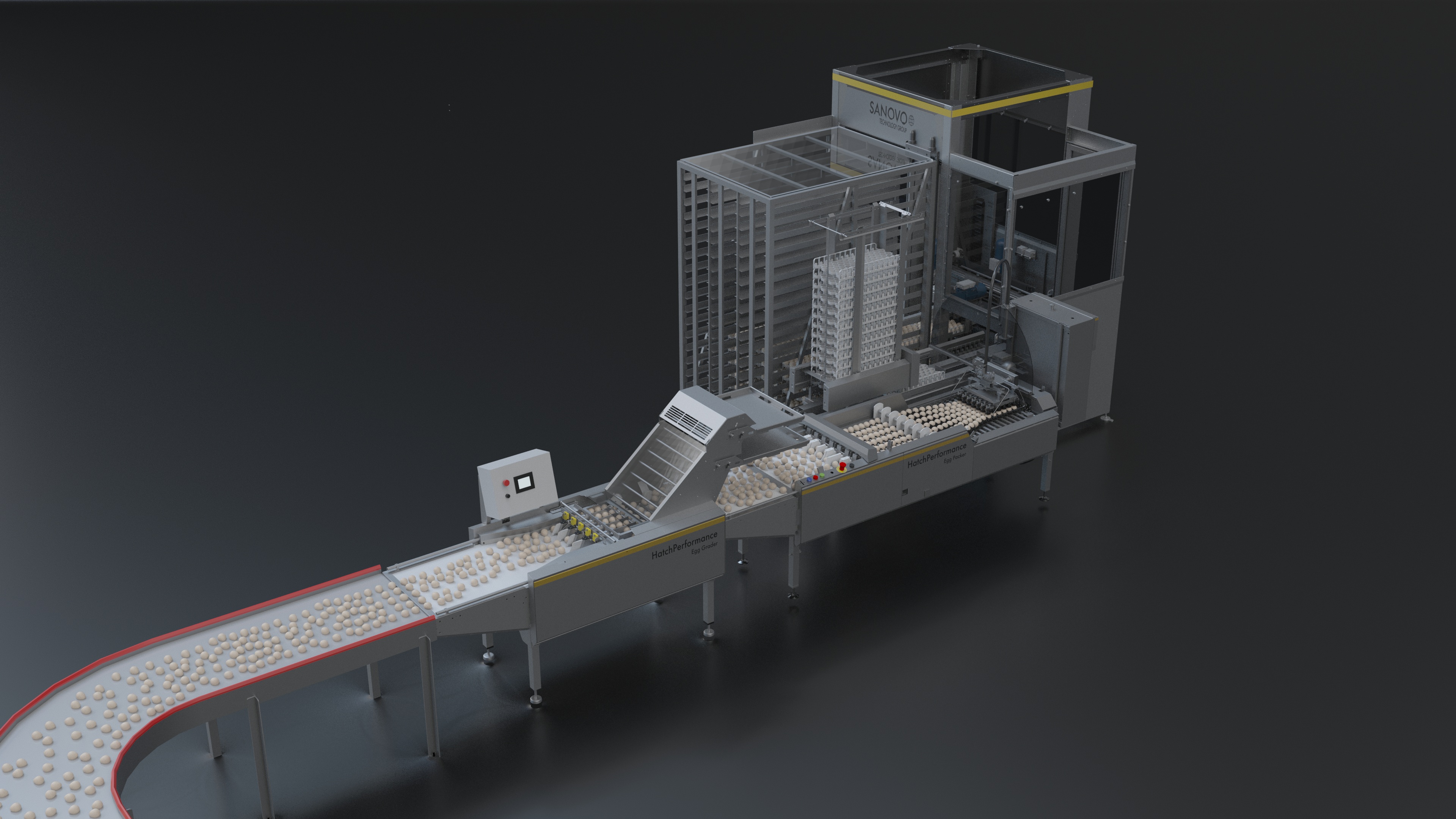 HatchPerformance egg packer system showing automated handling of fertilized eggs in a hatchery line on dark background.