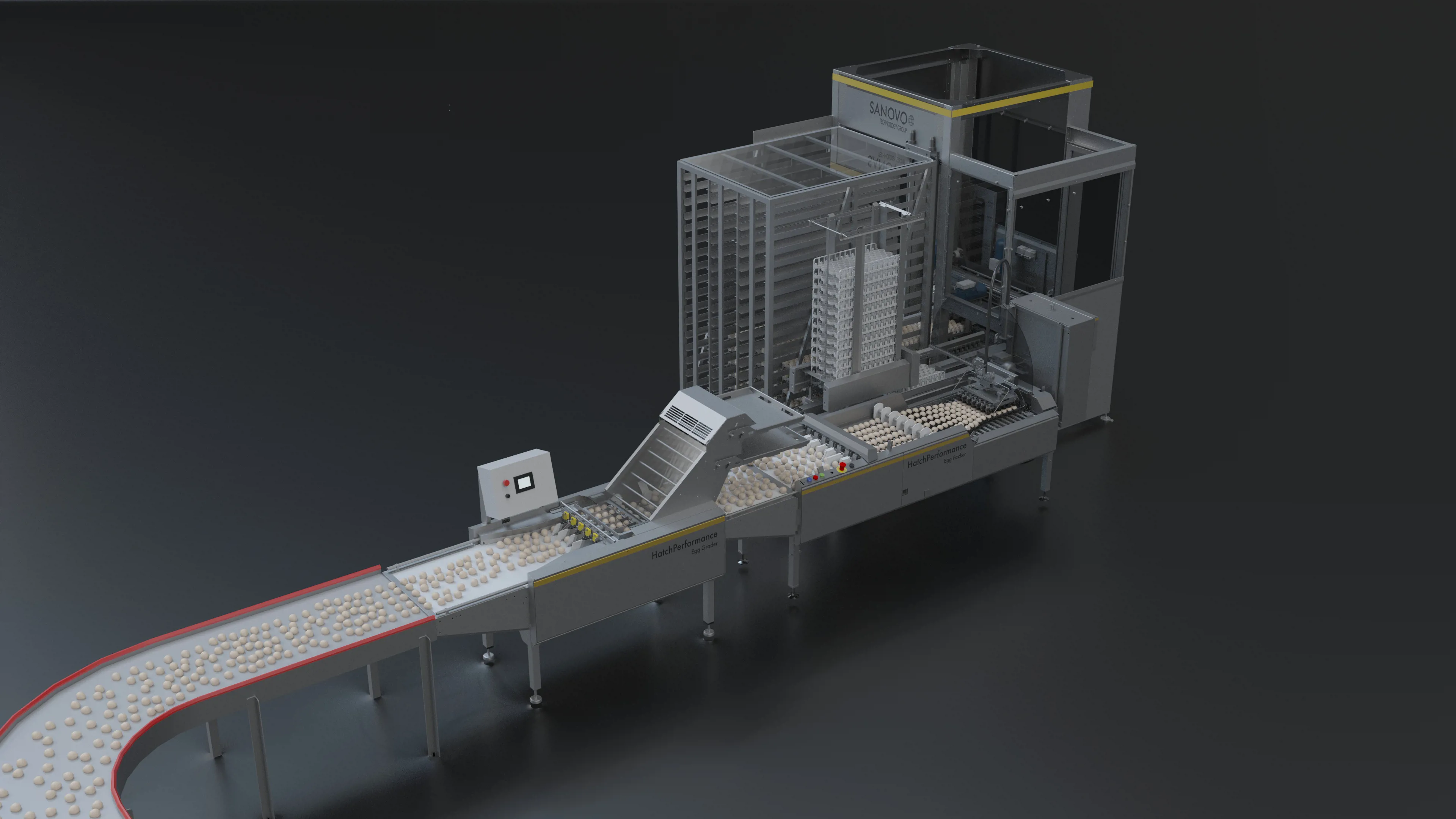 HatchPerformance egg packer system showing automated handling of fertilized eggs in a hatchery line on dark background.