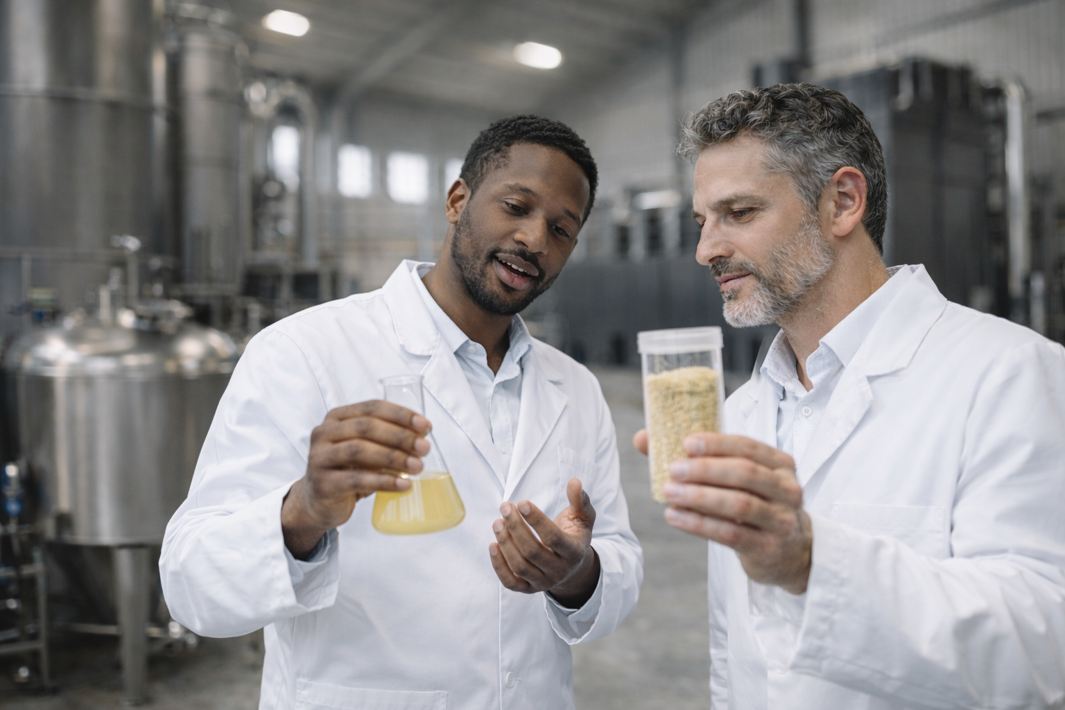Technicians inspecting liquid sample and powder ingredient in a processing facility.