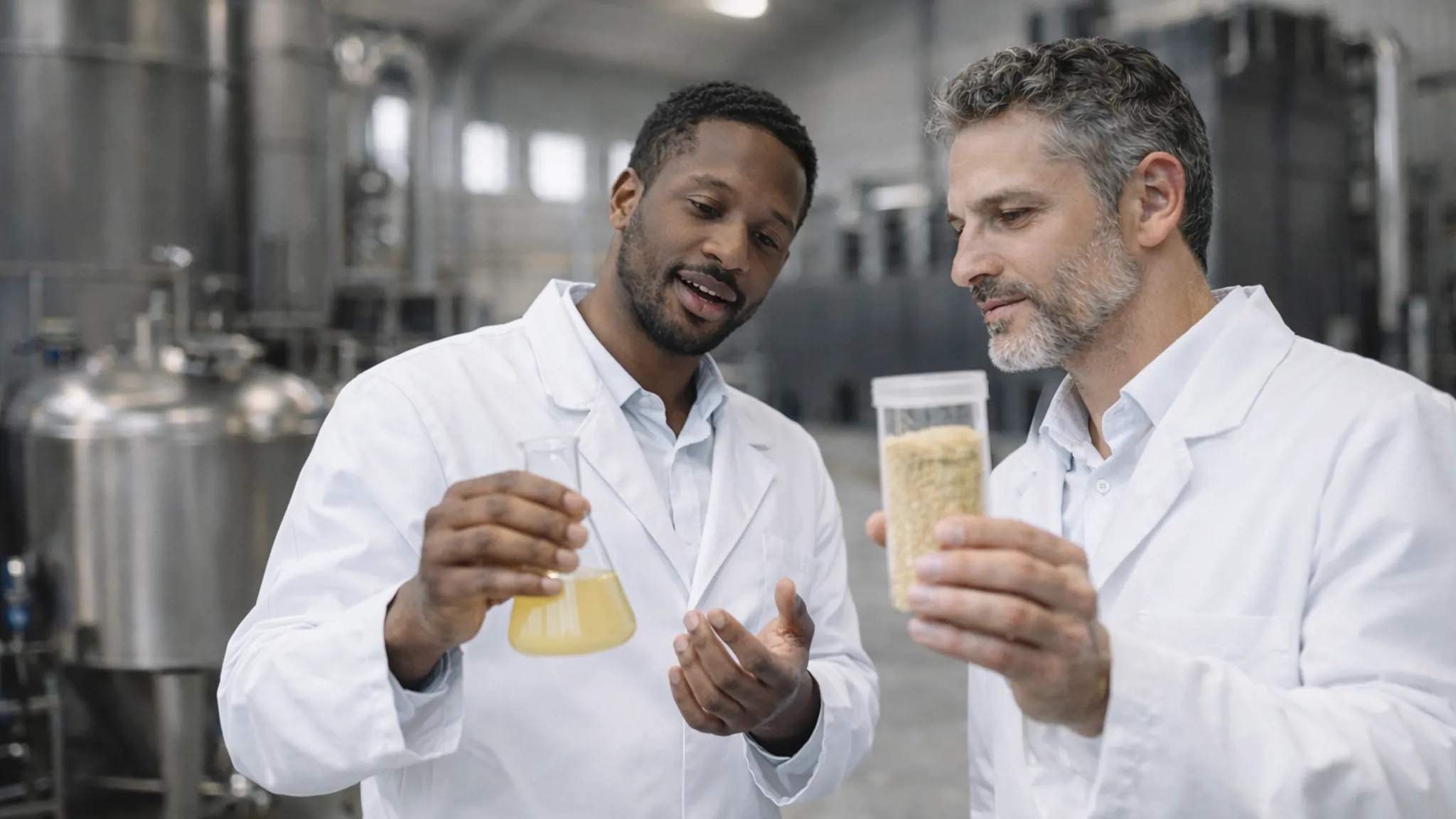 Technicians inspecting liquid sample and powder ingredient in a processing facility.