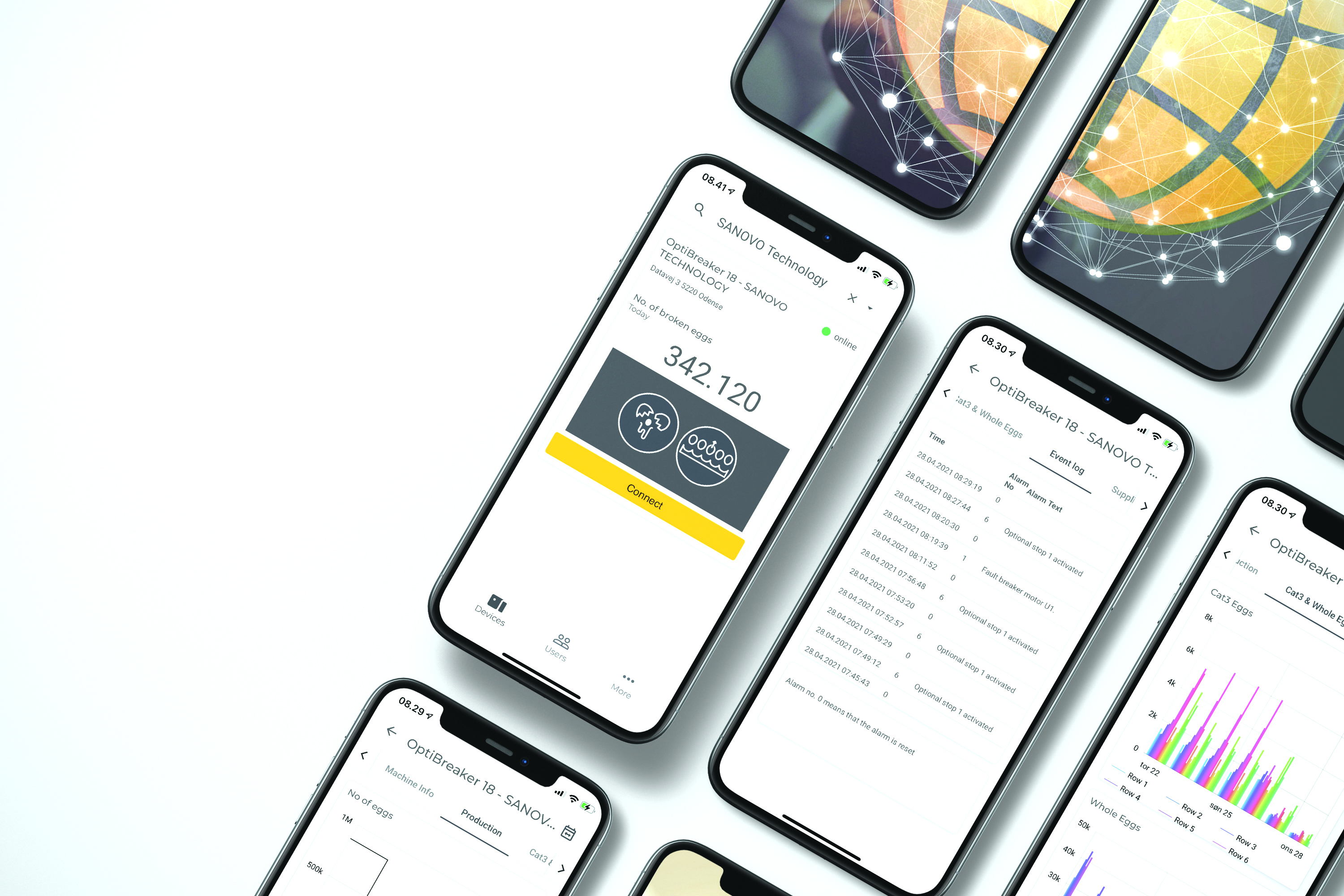 LinkPro mobile app displaying live production data by SANOVO TECHNOLOGY GROUP.