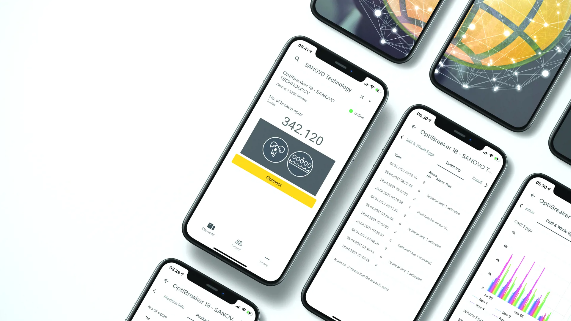 LinkPro mobile app displaying live production data by SANOVO TECHNOLOGY GROUP.