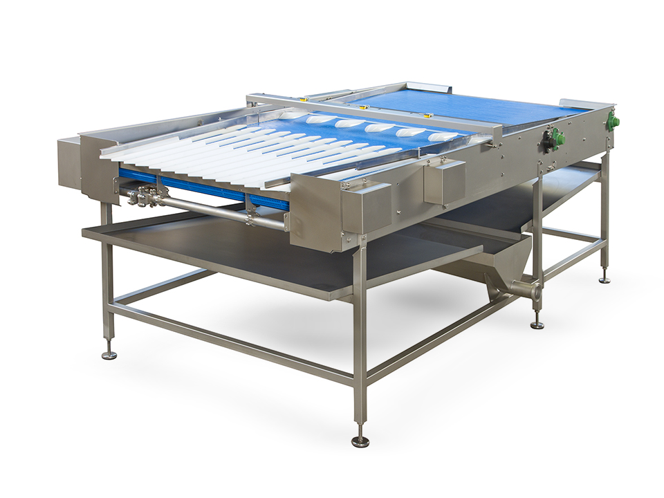 SANOVO OptiAccumulator unit with belts and lane guides for organizing egg flow in grading and processing.