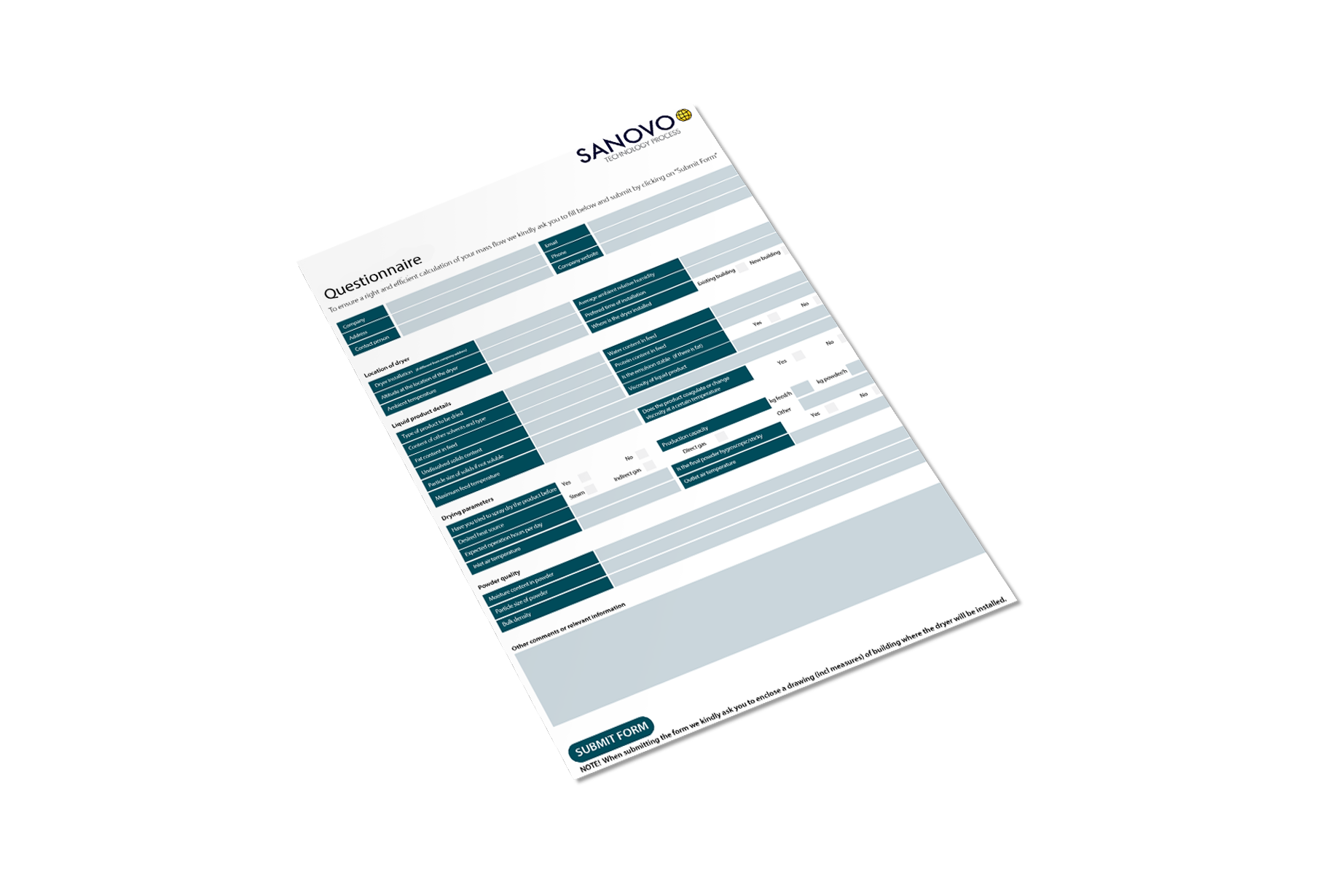 Questionnaire from SANOVO TECHNOLOGY PROCESS for spray drying evaluation.