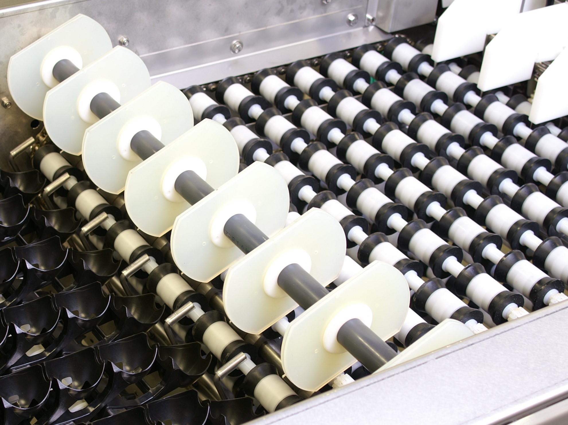 Close-up of easy-to-clean rollers and orientation discs on a SANOVO Farmpacker for hygienic egg handling.