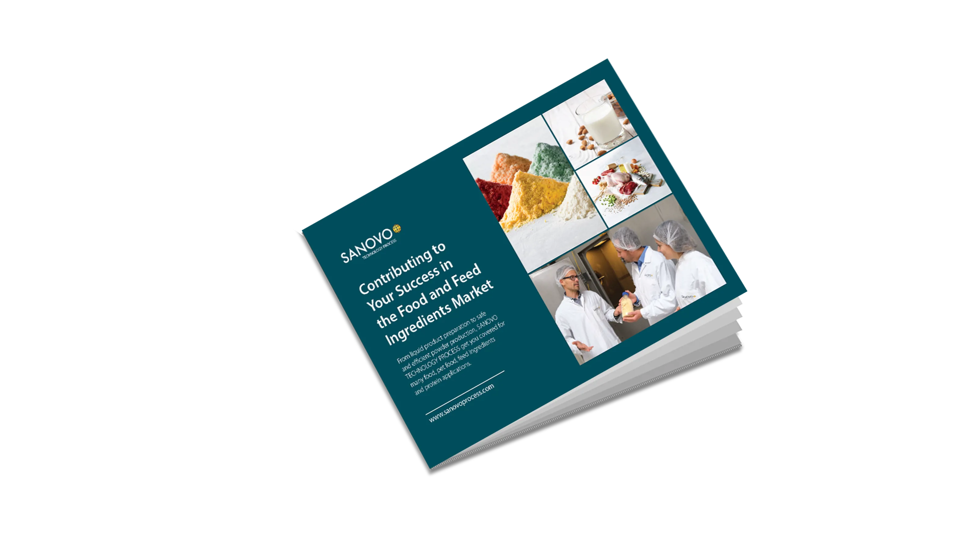 SANOVO TECHNOLOGY PROCESS brochure – solutions for food, feed, and protein powder processing from liquid preparation to safe, efficient drying.