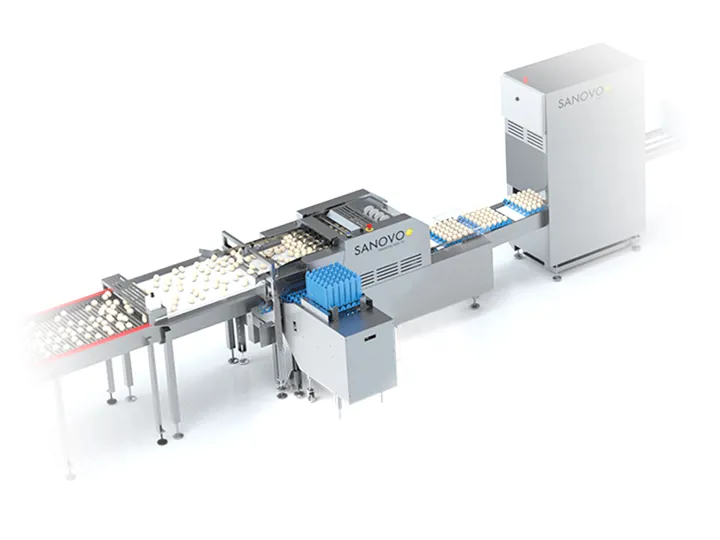 SANOVO Farmpacker 70 egg packer machine automating egg handling and packing on farm.