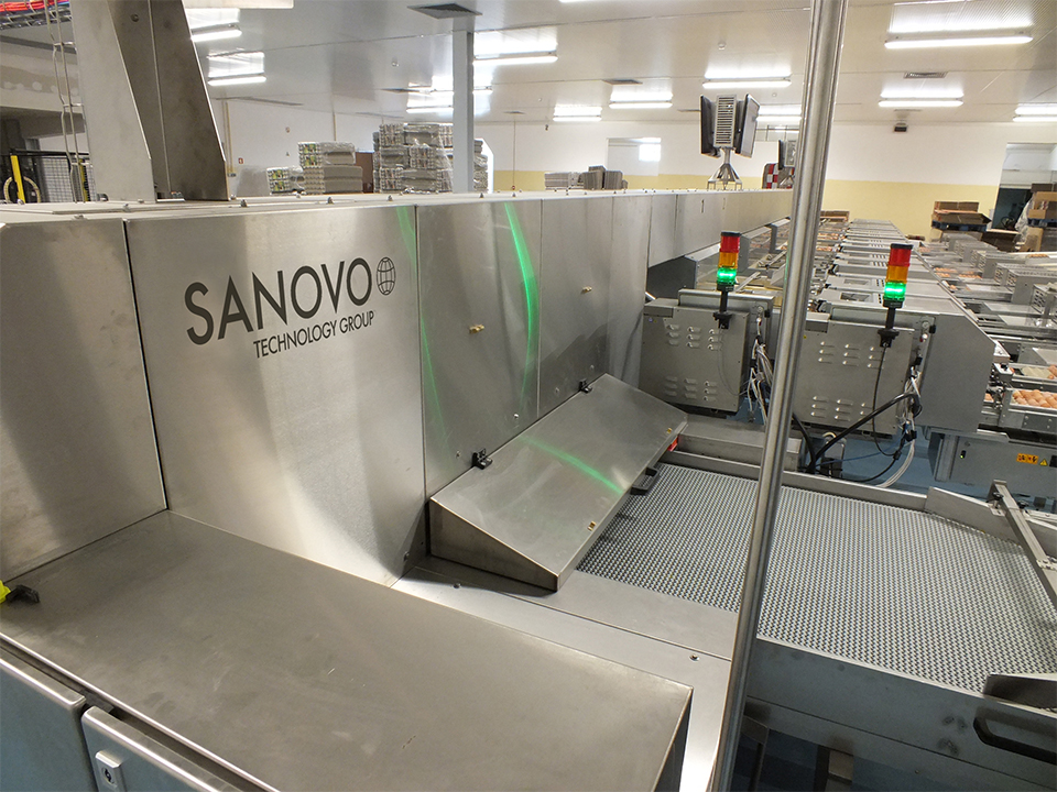 SANOVO Ardenta egg grading line offgrade belt removing rejected eggs during automated grading process.