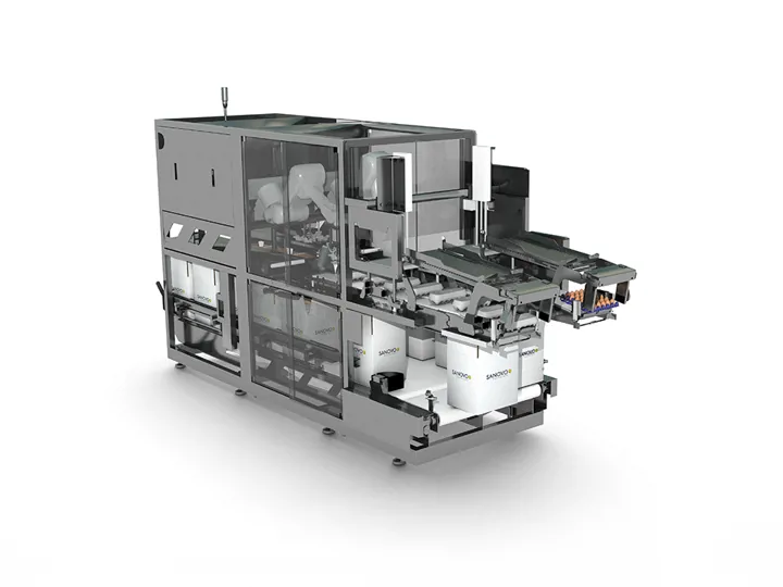 SANOVO Case Packer 160 automated egg packing machine with conveyors and compact packing design.
