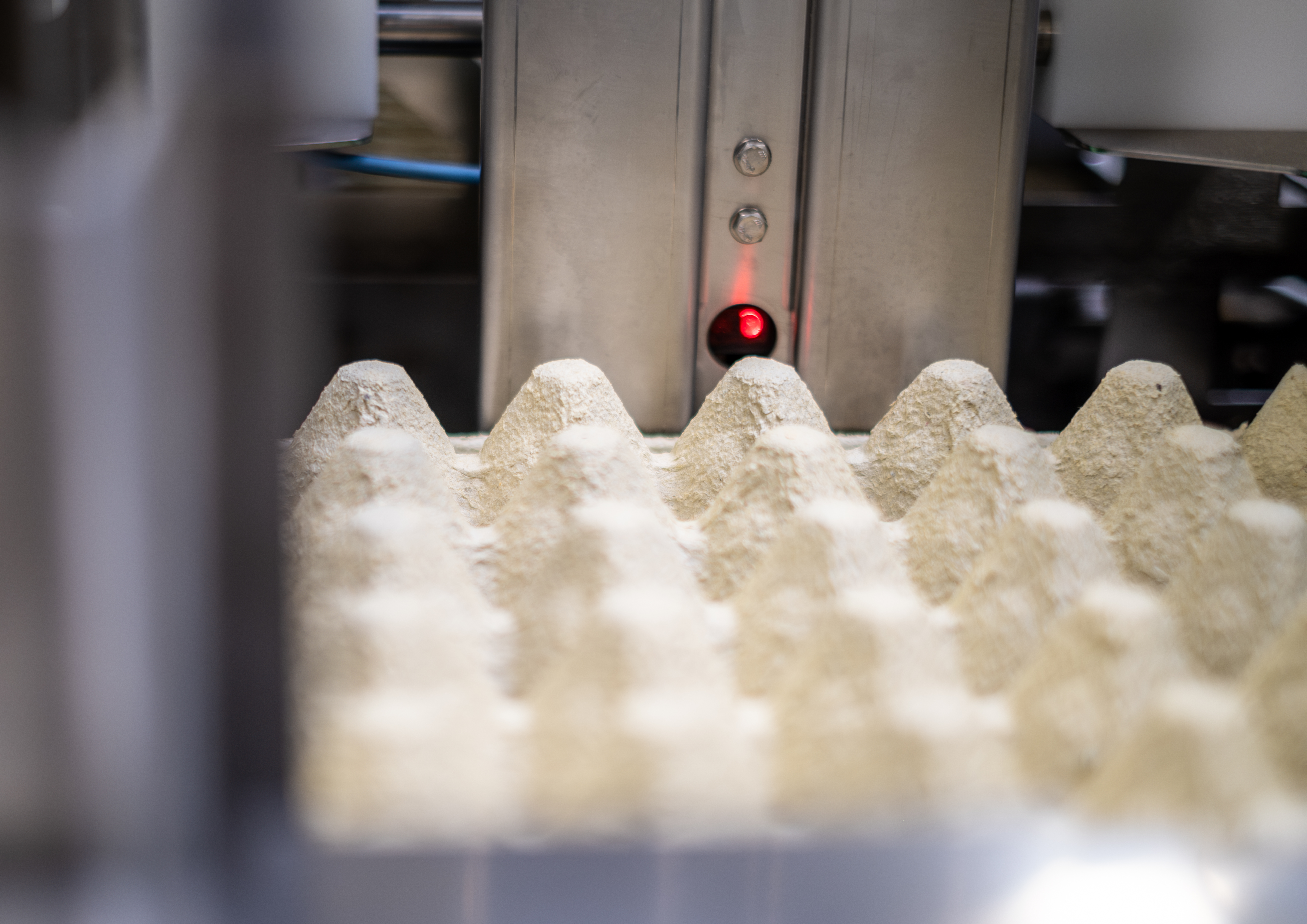 Close-up of an egg tray inside the SANOVO Top Tray Denester, with a sensor detecting incoming cases for automated tray placement.