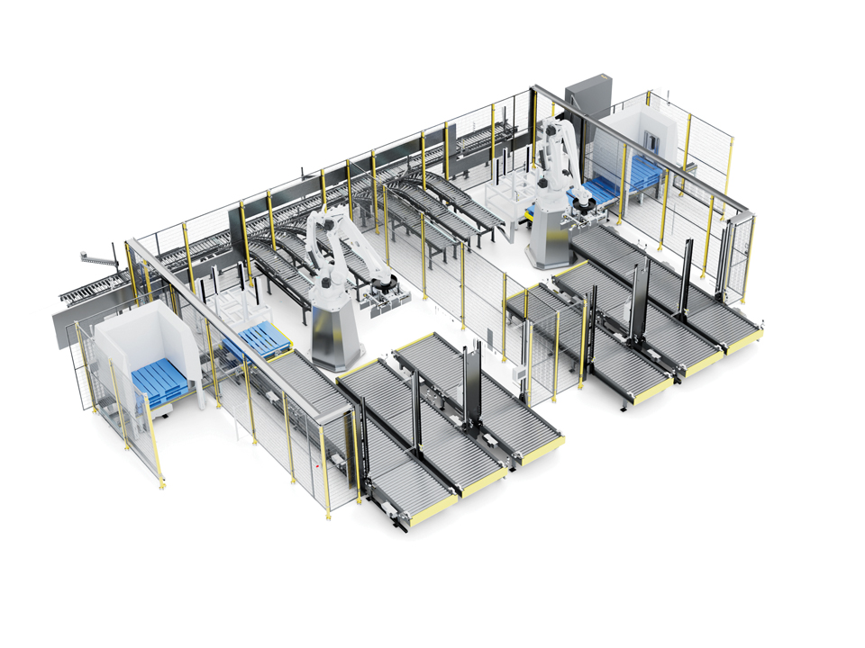 SANOVO case palletizer 600 for arranging egg cases onto pallets in an automated high-speed palletizing cell.