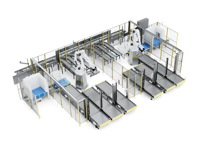 SANOVO case palletizer 600 for arranging egg cases onto pallets in an automated high-speed palletizing cell.