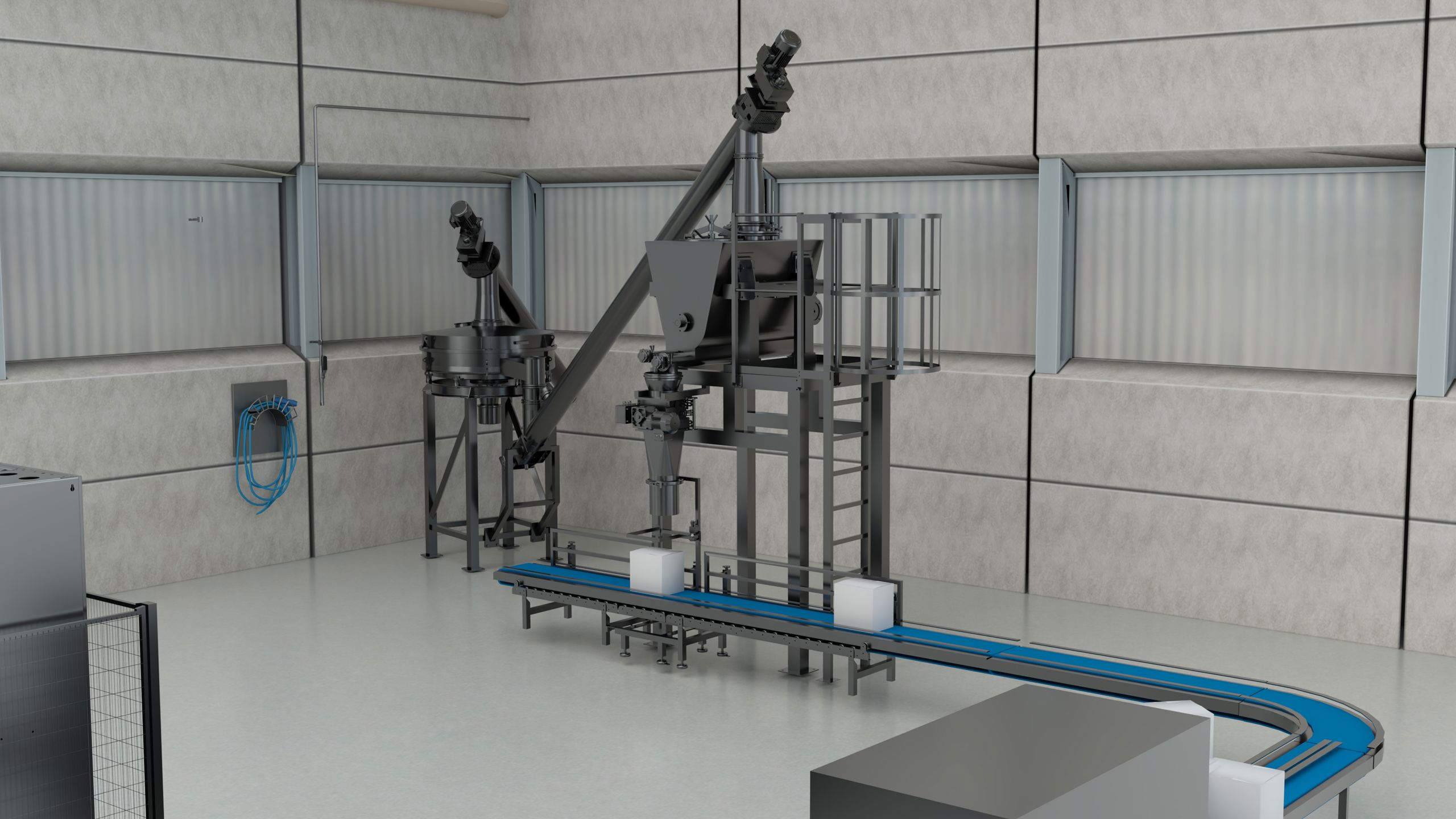SANOVO semi-automatic powder filling line for packaging ingredient powders inside a spray drying facility.