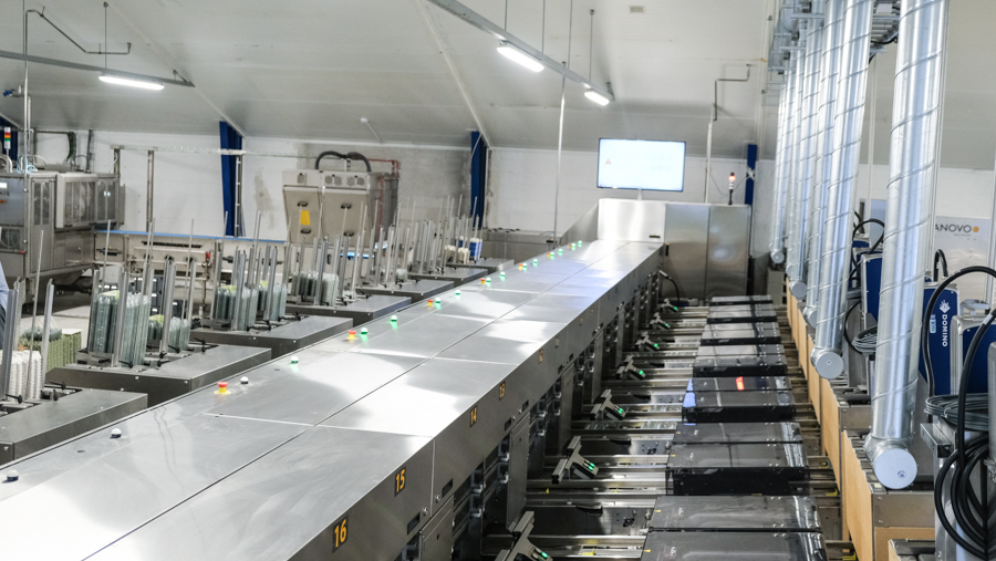 Automated packing section of the SANOVO GraderPro egg grader machine in a egg production facility.