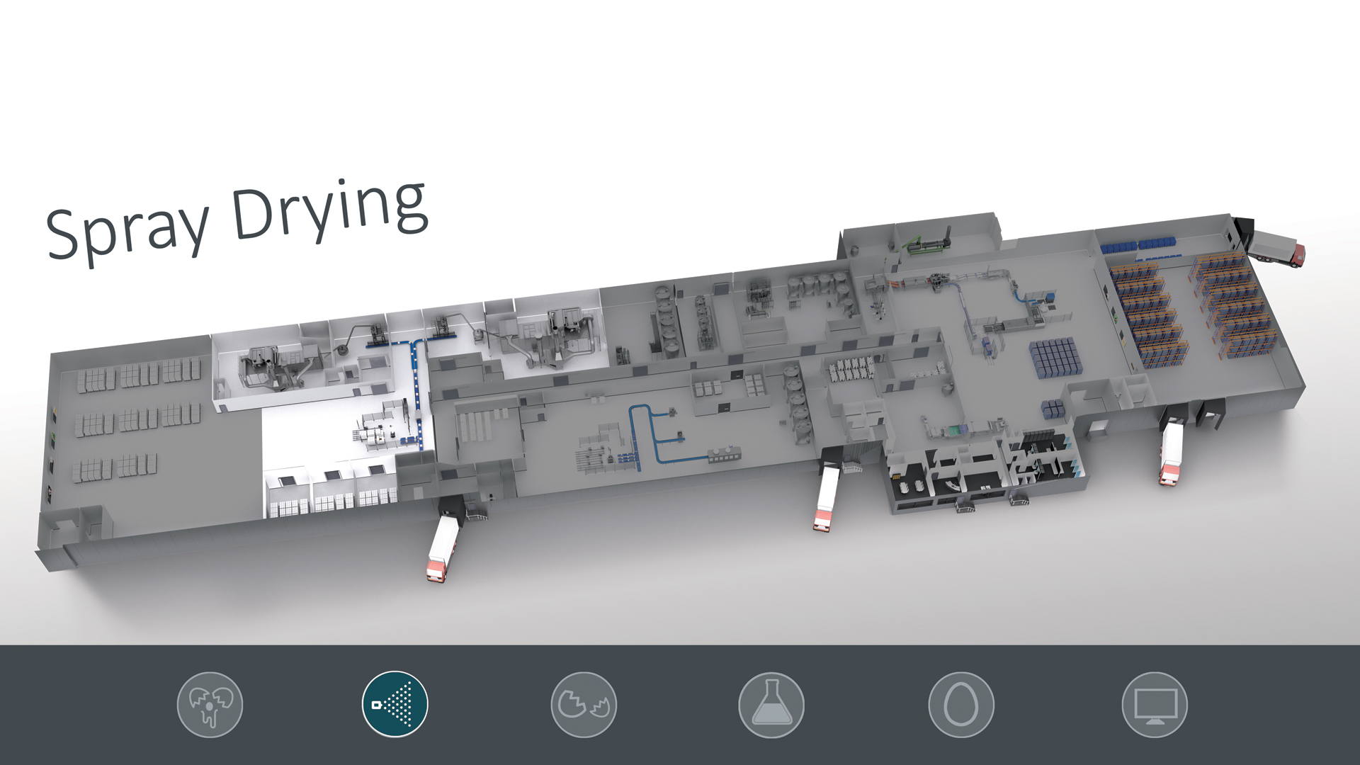3D layout of automated egg processing factory highlighting spray drying section.