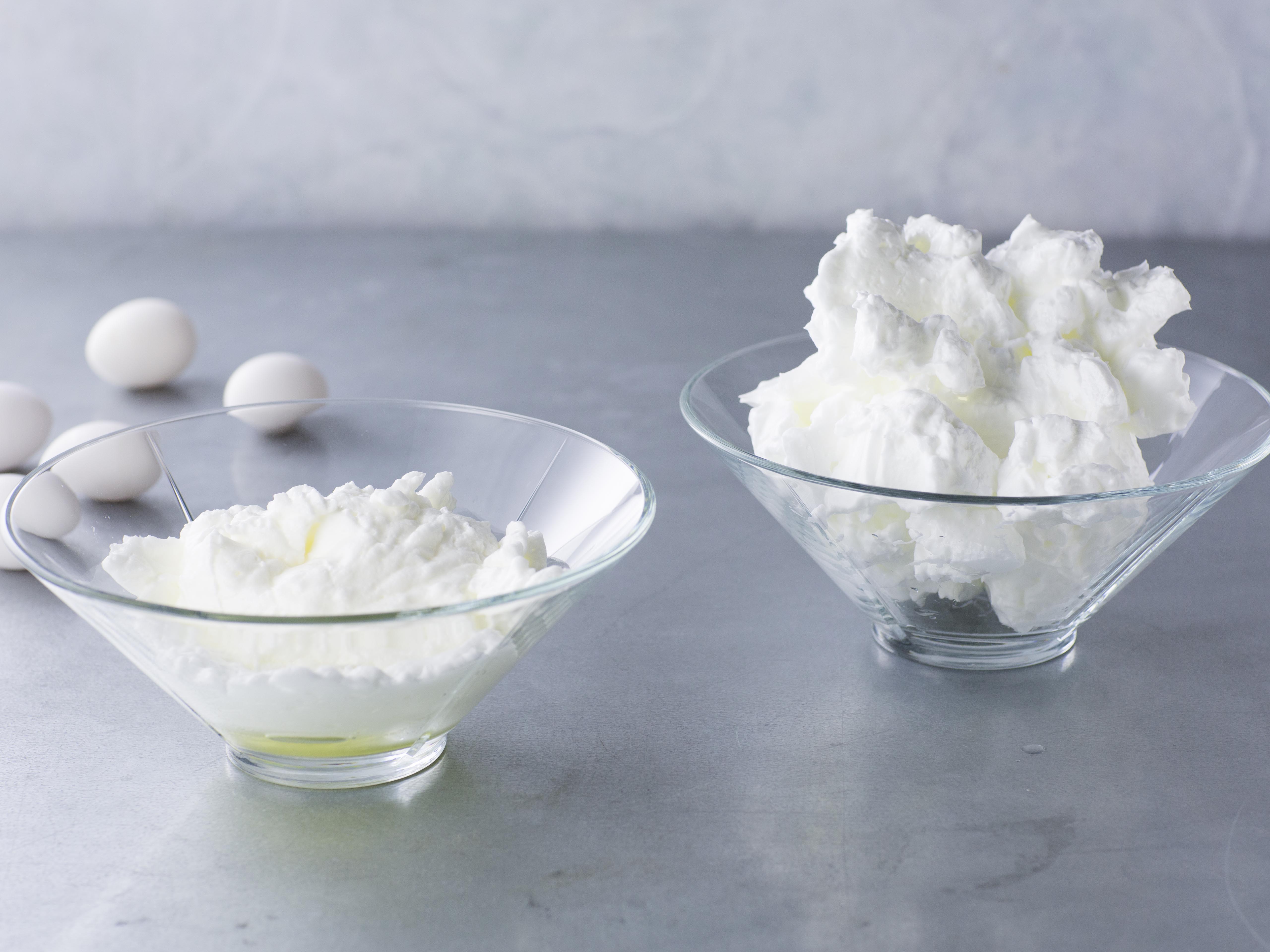 Two bowls of whipped egg white foam symbolizing restored foaming properties and stability with MAXAPAL™A2, offered by SANOVO PROCESS SOLUTIONS.