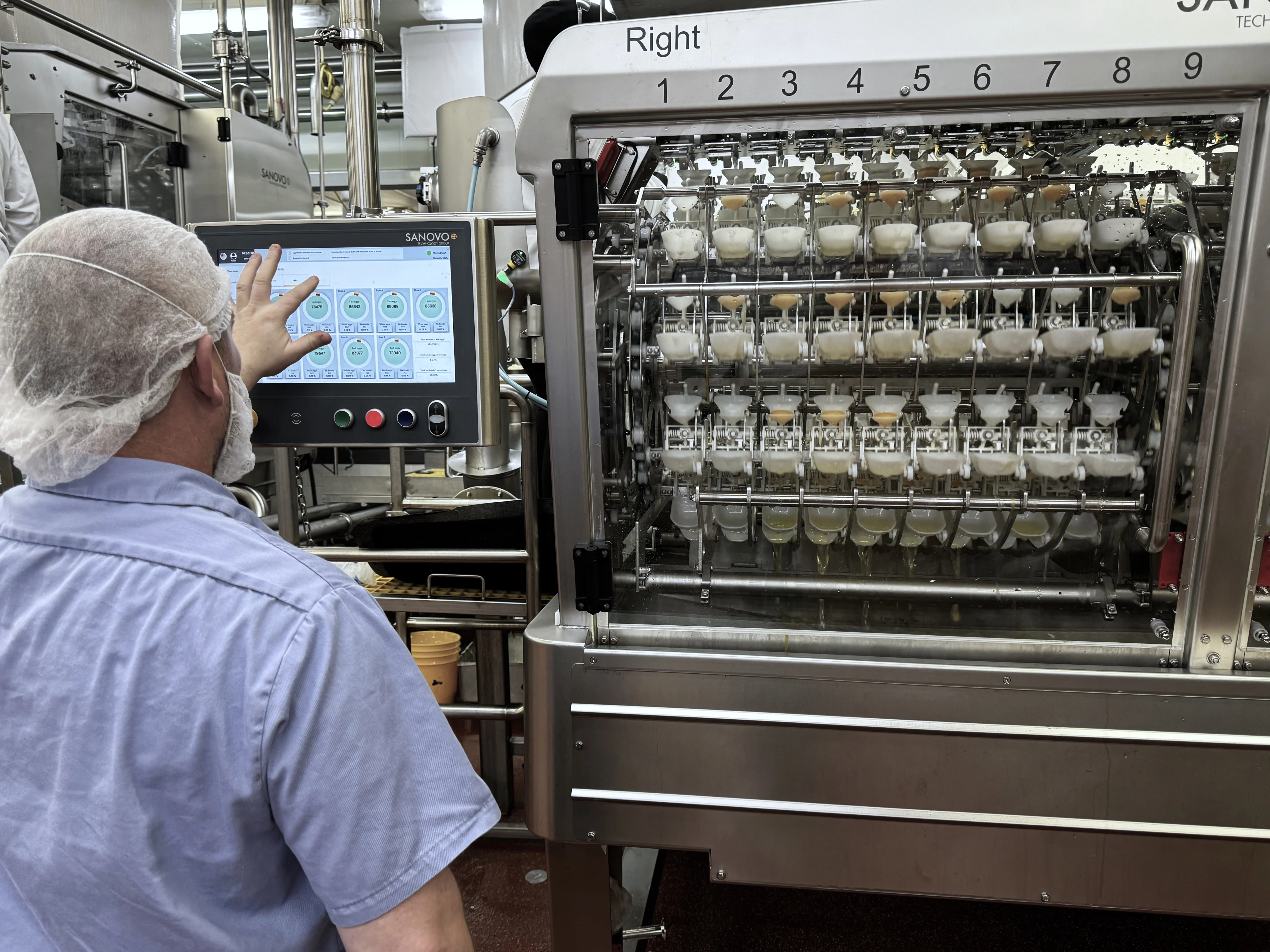 Operator using touchscreen HMI to monitor SANOVO BreakerPro egg breaking and separation process.
