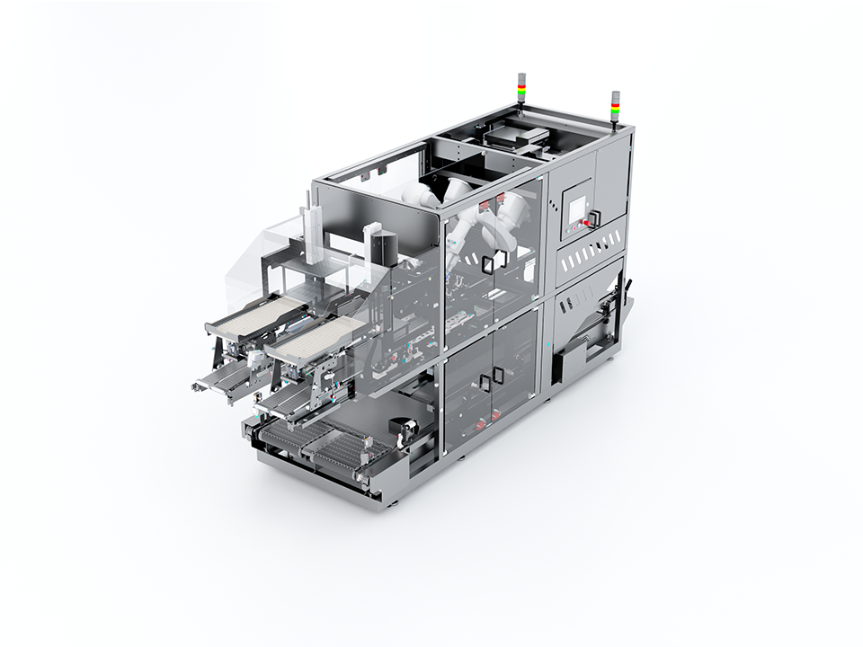 Side view of SANOVO Case Packer Twin egg case packer machine for automated case packing.