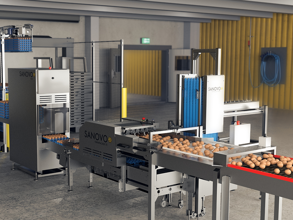 SANOVO FarmPacker 70 egg packer machine operating in a production setup with automated tray loading.