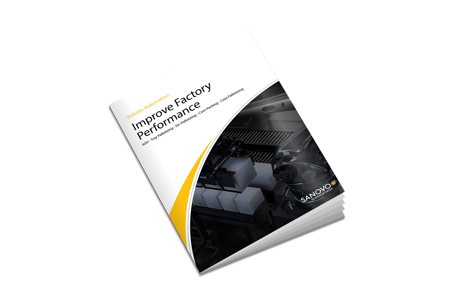 SANOVO Robotic Automation brochure – Improve Factory Performance with AGV, tray palletizing, de-palletizing, case packing, and case palletizing solutions.