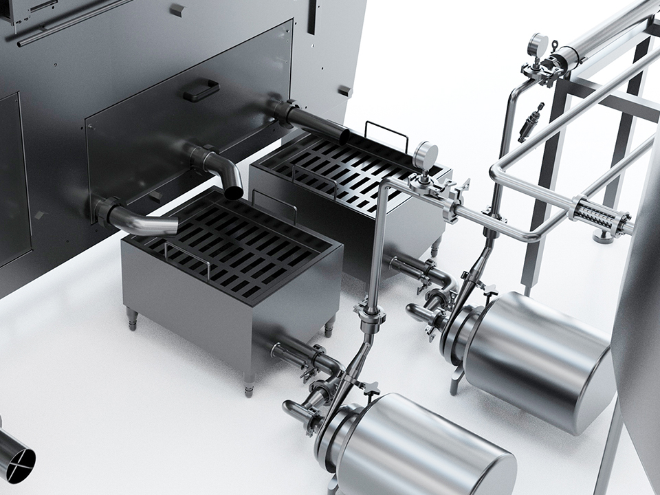 PrimeLine close-up showing liquid egg vats and piping used in the egg pasteurizer process.