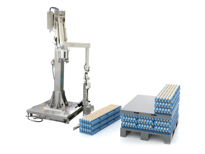 SANOVO Power Lift semi-automatic egg handling system for depalletizing stacked egg trays in grading and processing plants.