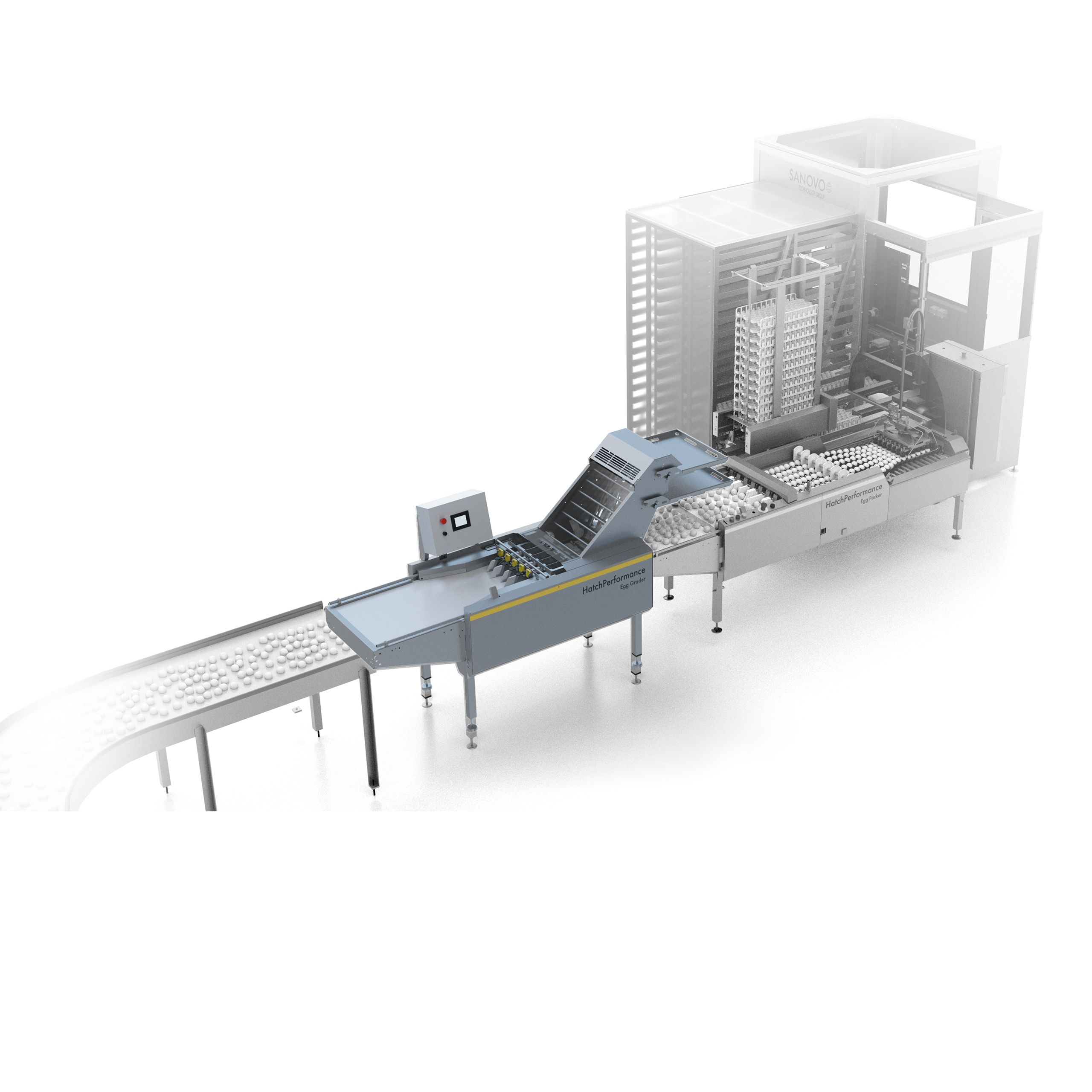 HatchPerformance hatchery egg grader as part of automated fertilized egg handling line.