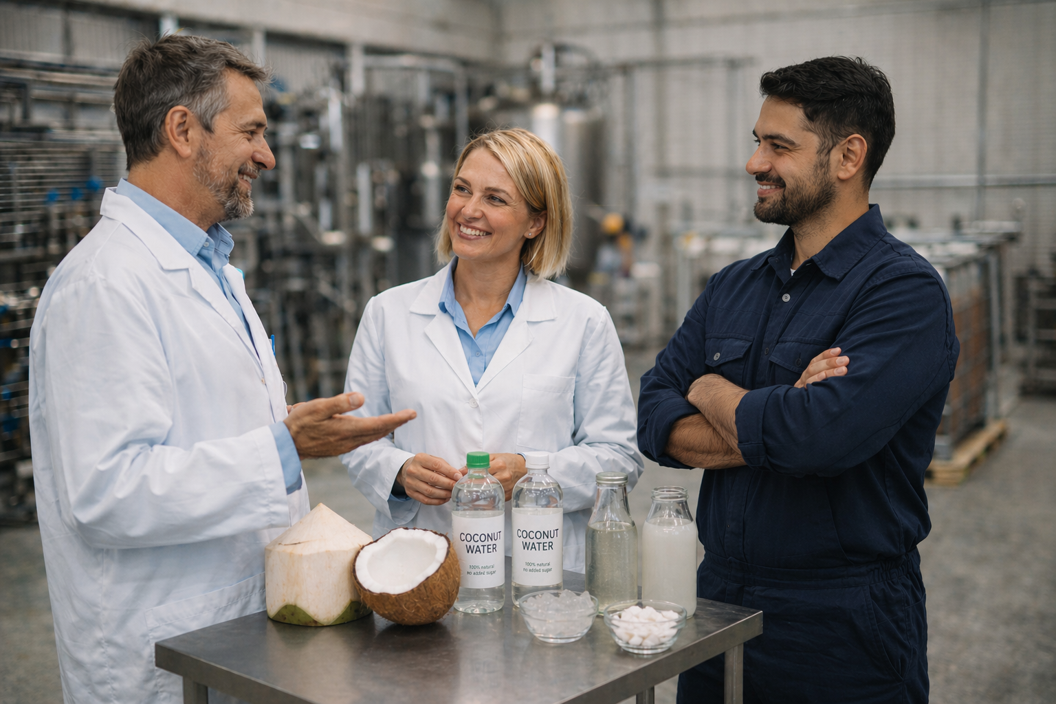 Specialists discussing powder processing using mature coconut water.