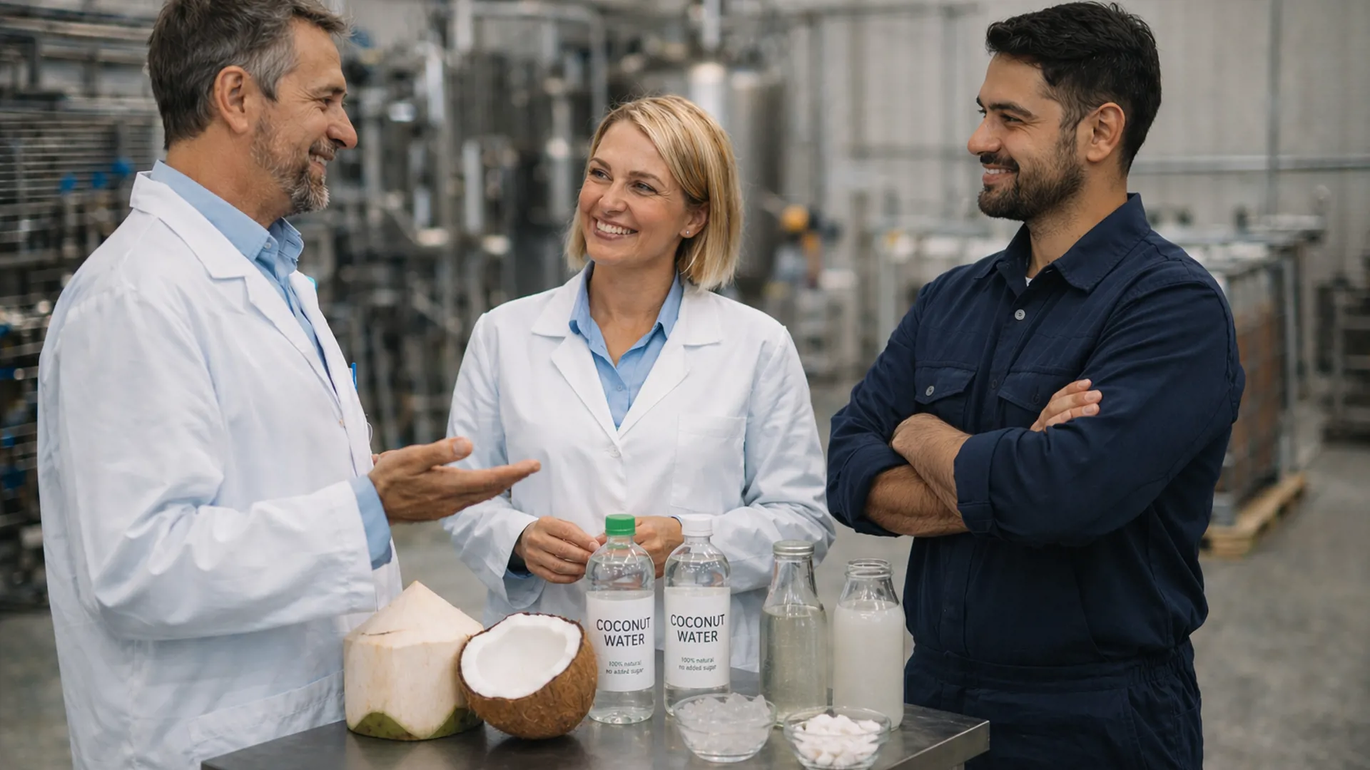 Specialists discussing powder processing using mature coconut water.
