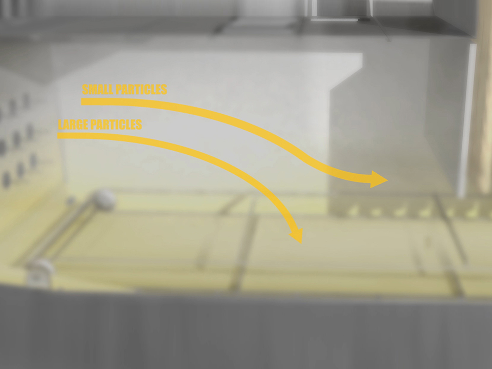 Visualization of small and large particles separating inside the drying chamber of the SANOVO Spray Dryer.
