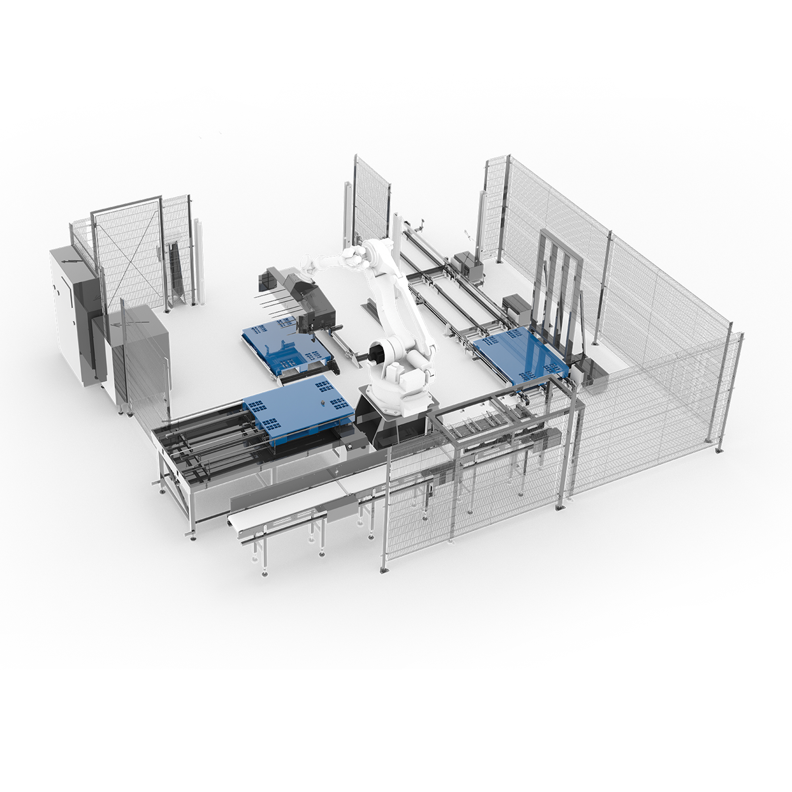 SANOVO Cargo Palletizer robot managing pallets and interlayers with automated conveyors and fenced safety layout.