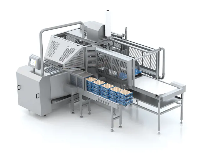 SANOVO OptiLoader Plus 12 egg loading machine with tray de-stacking and conveyors for off-line egg breaking.