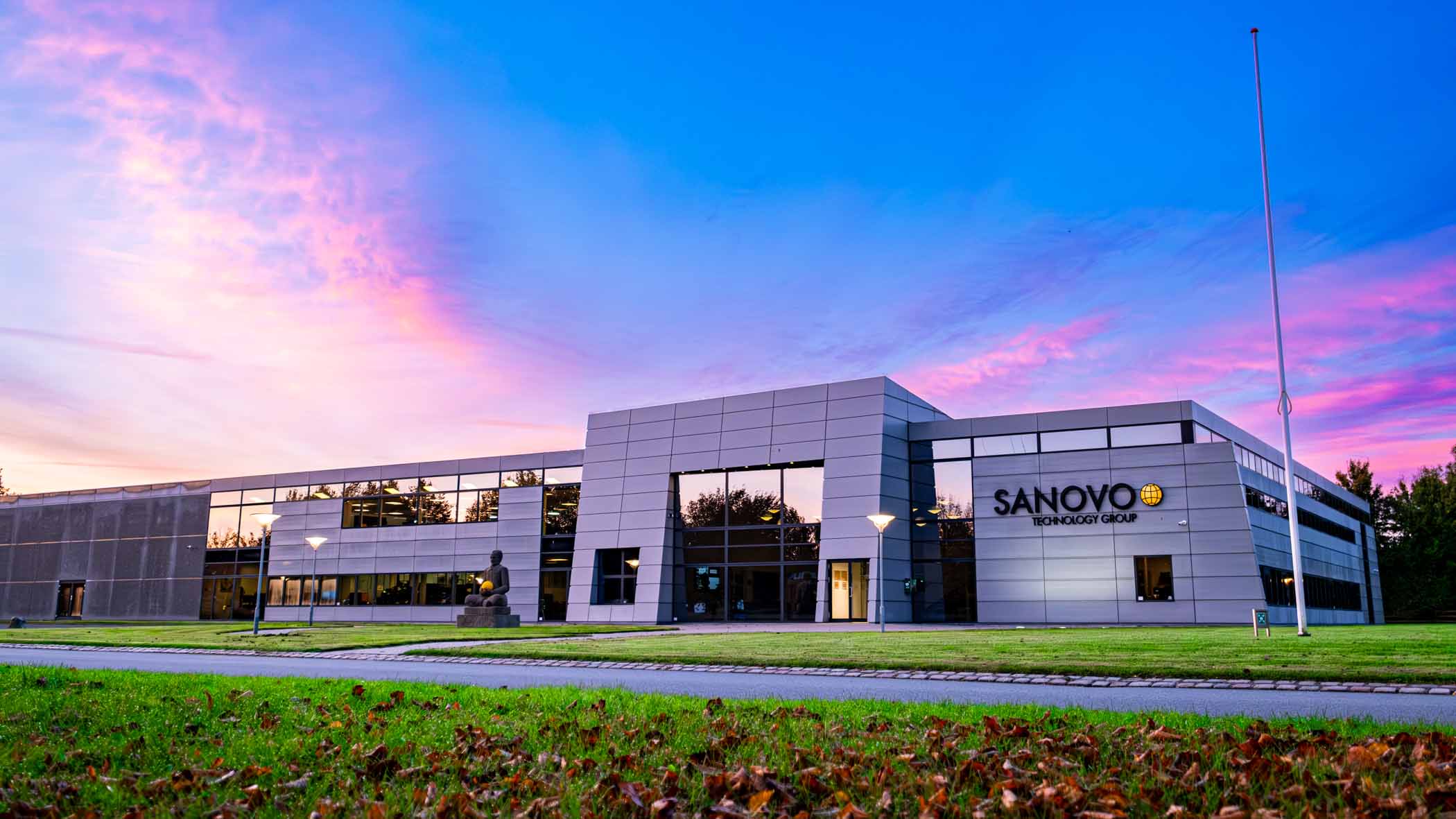 Sunset view of SANOVO TECHNOLOGY GROUP headquarters in Denmark, global leader in egg processing equipment.