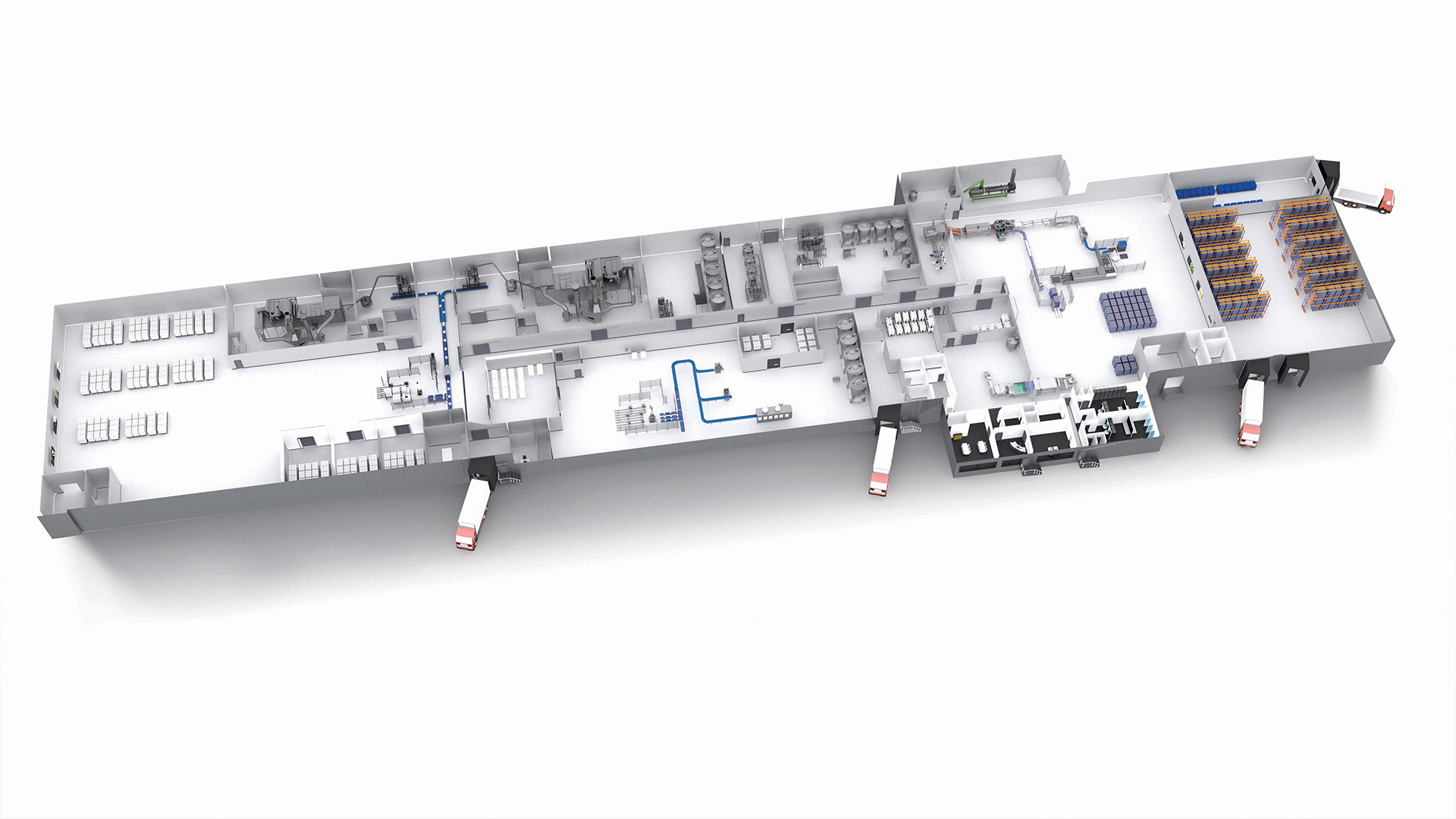 3D layout visualization of an integrated egg processing factory.