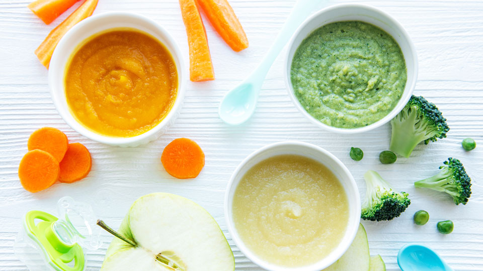 Purées with vegetables and fruits representing food products with extended shelf life.