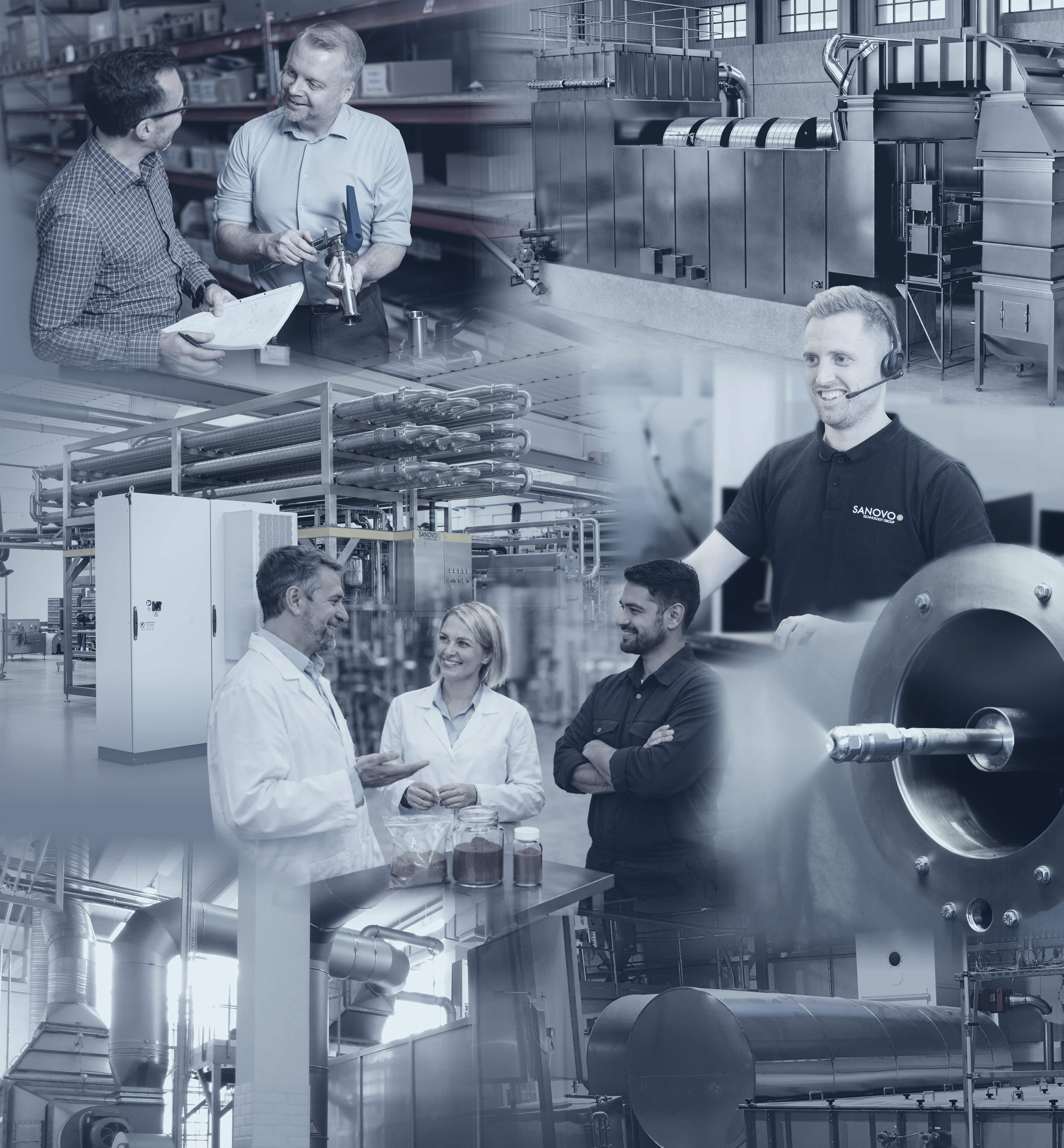 Collage showing SANOVO TECHNOLOGY PROCESS customer care, application testing, and industrial processing equipment.